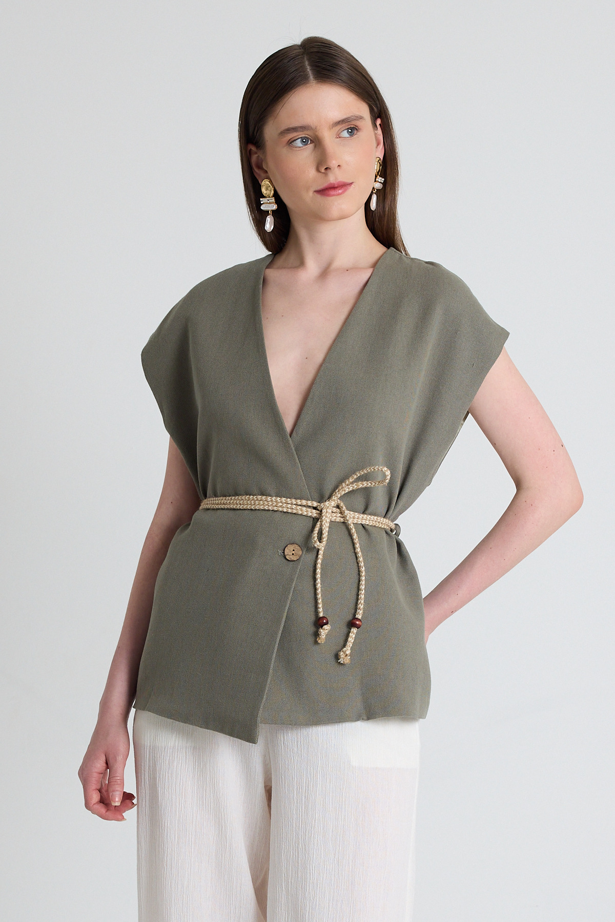 Olive Yeşili Hasır Kemerli V Yaka Kısa Kollu Ceket Yelek 2378 - 6