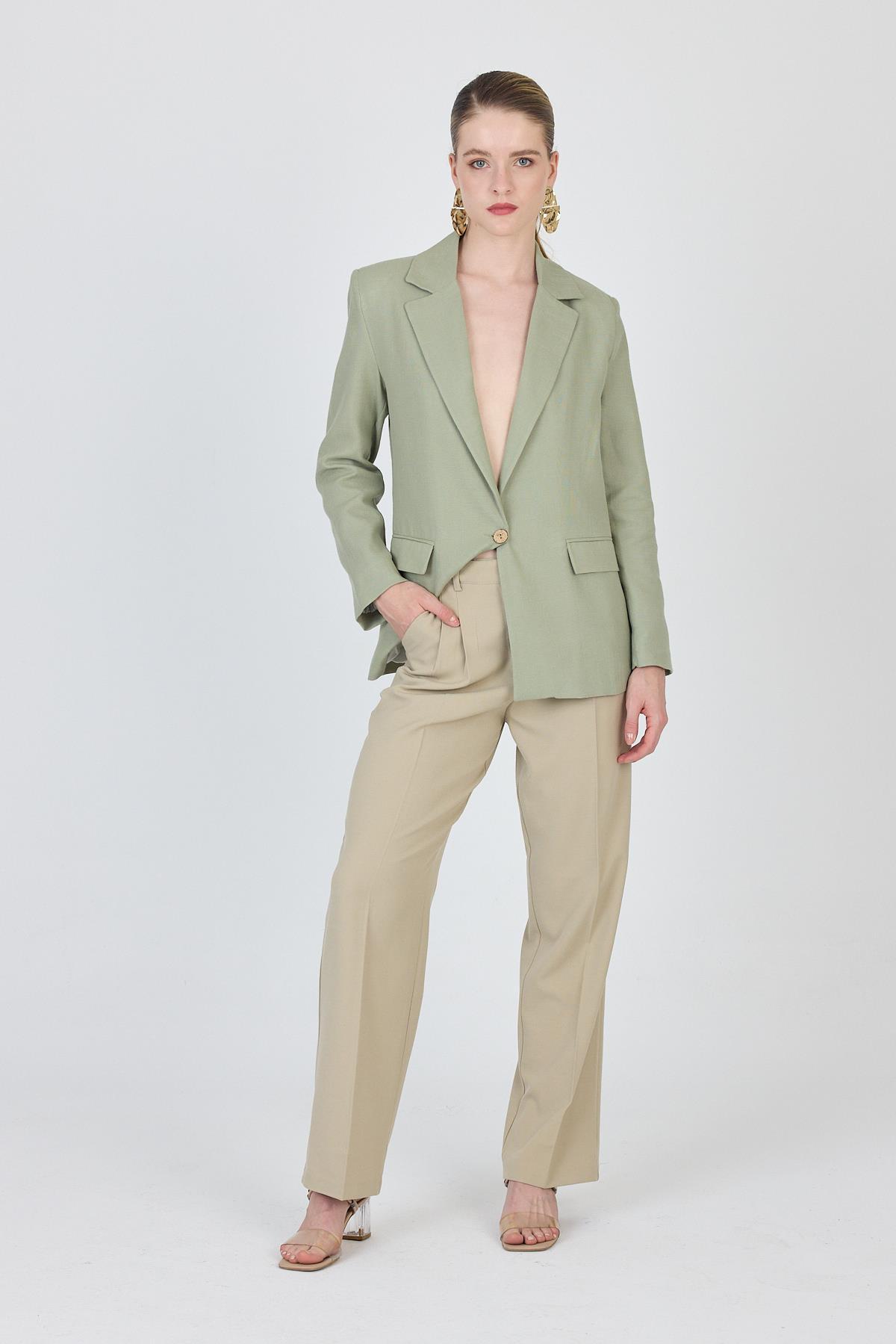 Olive Yeşili Keten Görünümlü %100 Pamuk Astarlı Blazer Ceket 6023-3 - 3