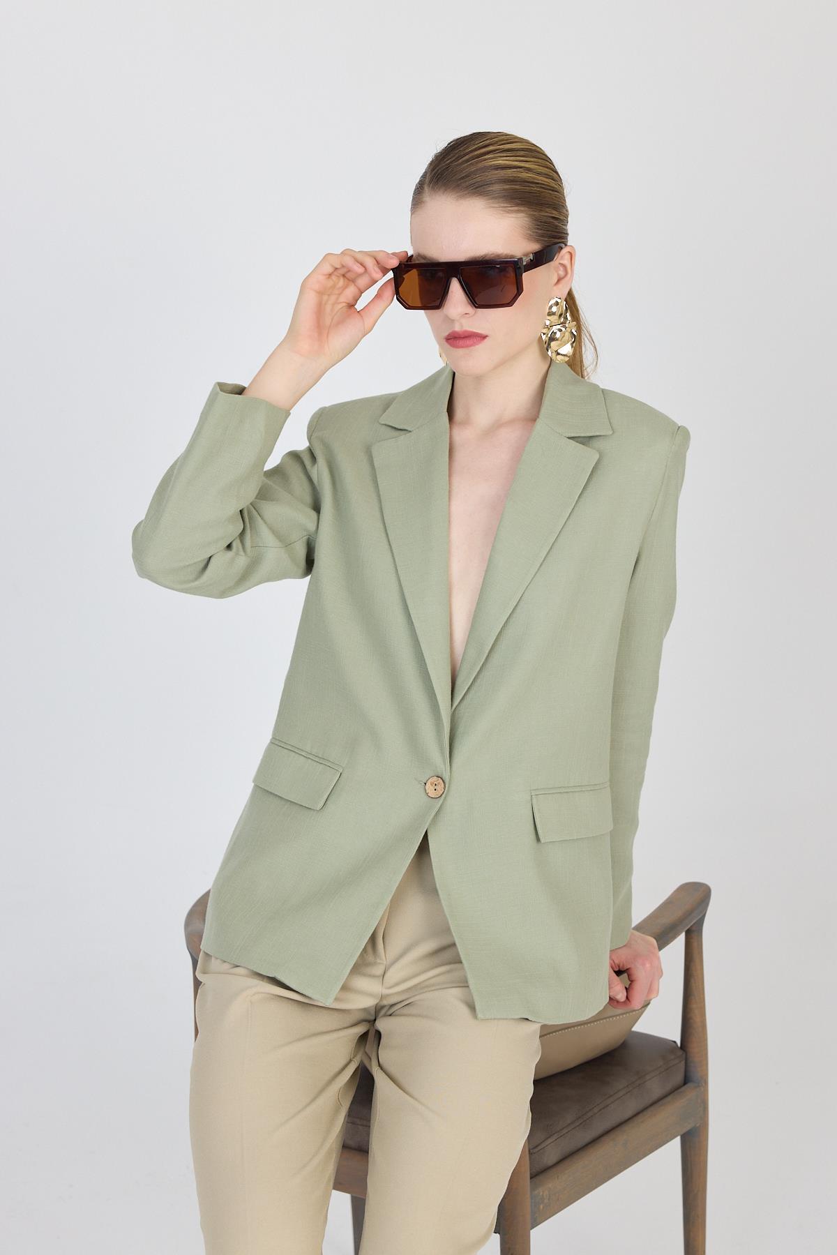 Olive Yeşili Keten Görünümlü %100 Pamuk Astarlı Blazer Ceket 6023-3 - 2