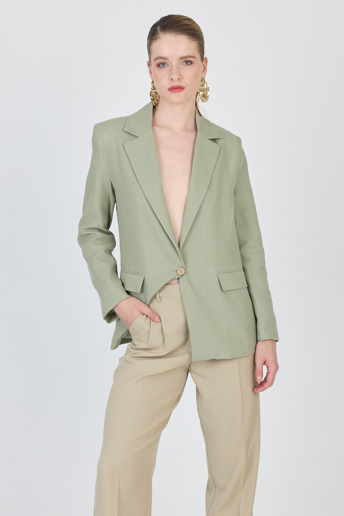 Olive Yeşili Keten Görünümlü %100 Pamuk Astarlı Blazer Ceket 6023-3 - 8