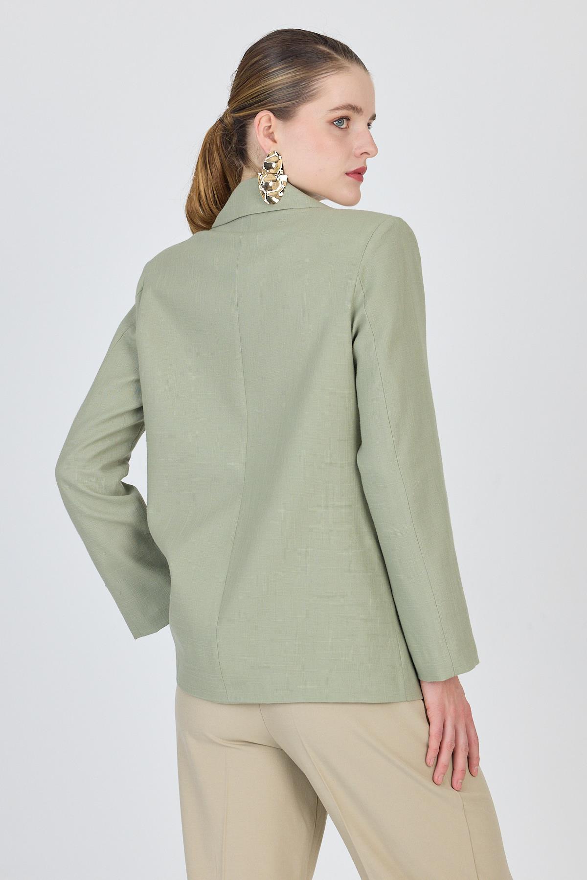 Olive Yeşili Keten Görünümlü %100 Pamuk Astarlı Blazer Ceket 6023-3 - 5