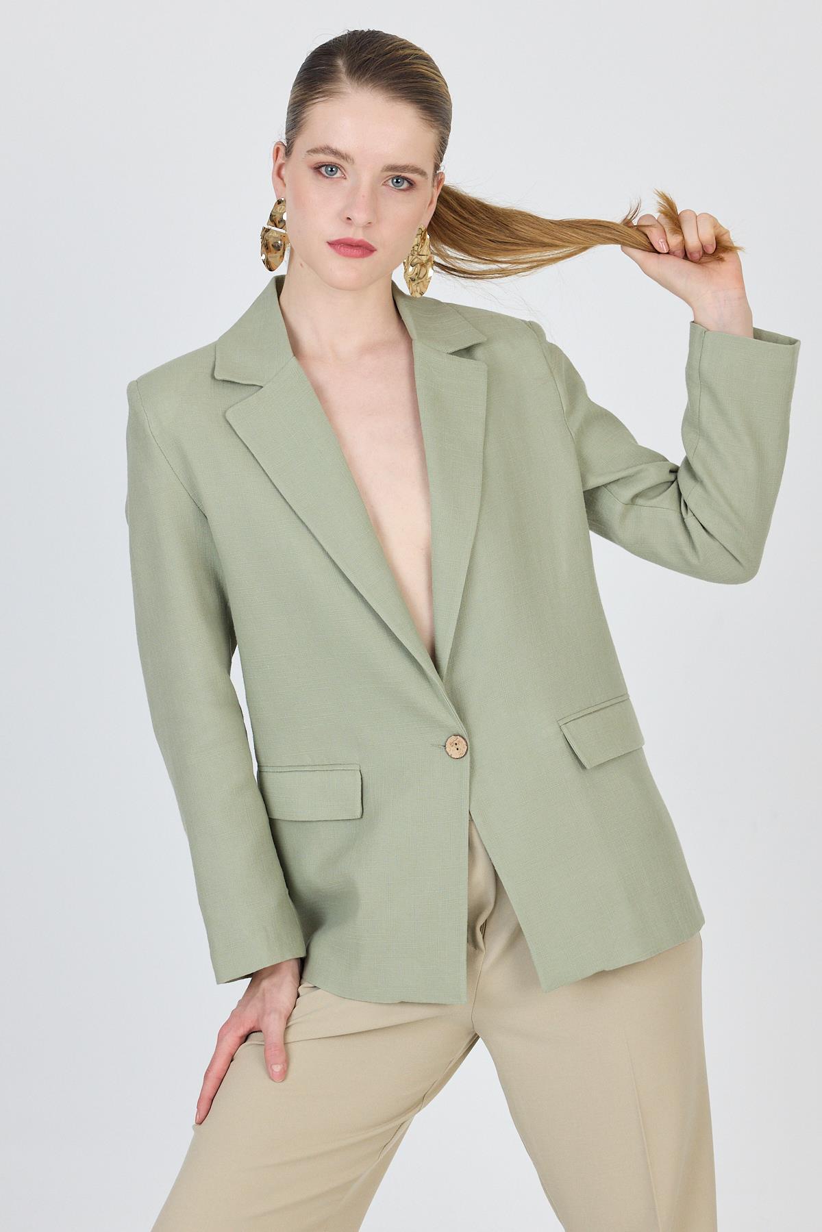 Olive Yeşili Keten Görünümlü %100 Pamuk Astarlı Blazer Ceket 6023-3 - 7