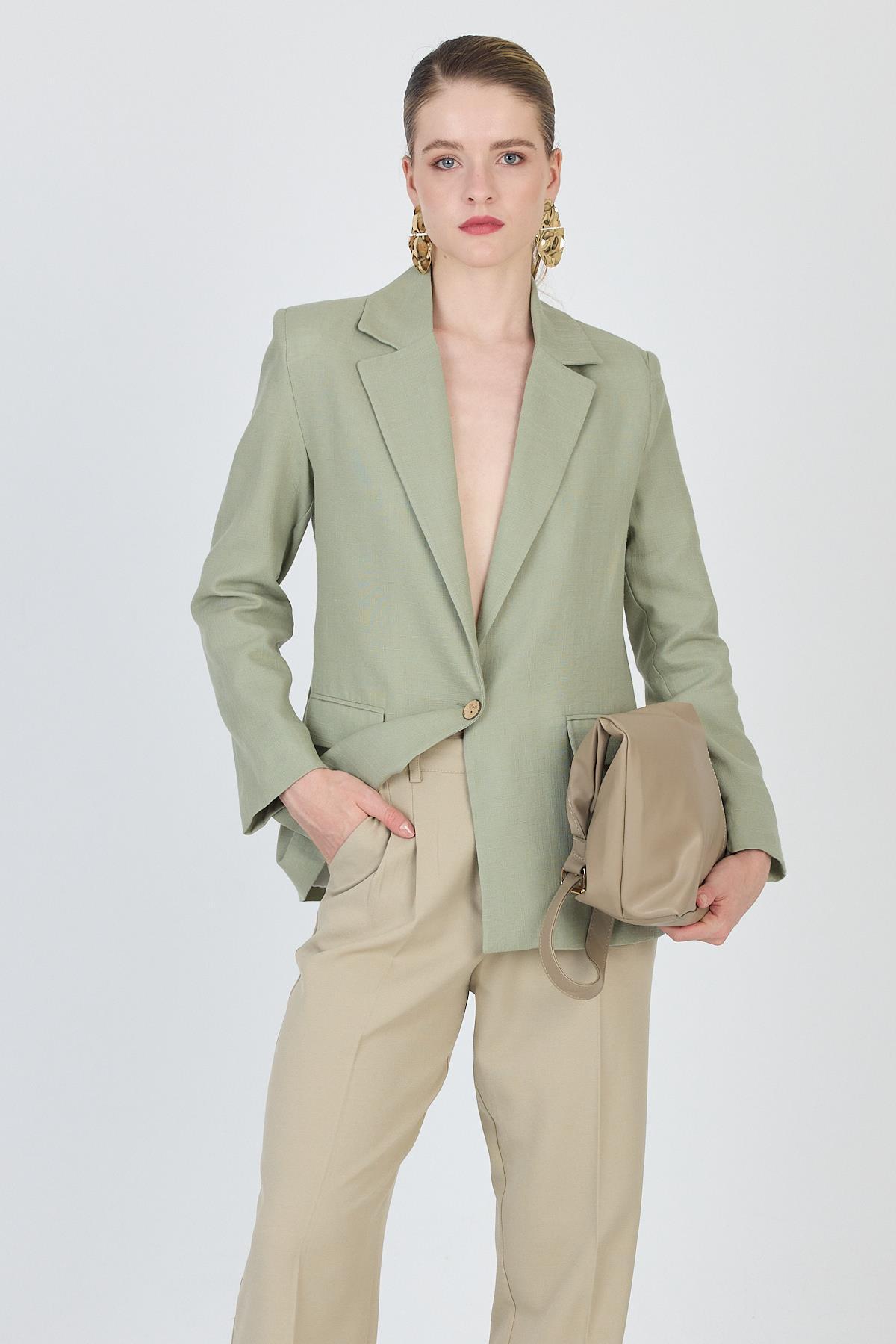 Olive Yeşili Keten Görünümlü %100 Pamuk Astarlı Blazer Ceket 6023-3 - 1