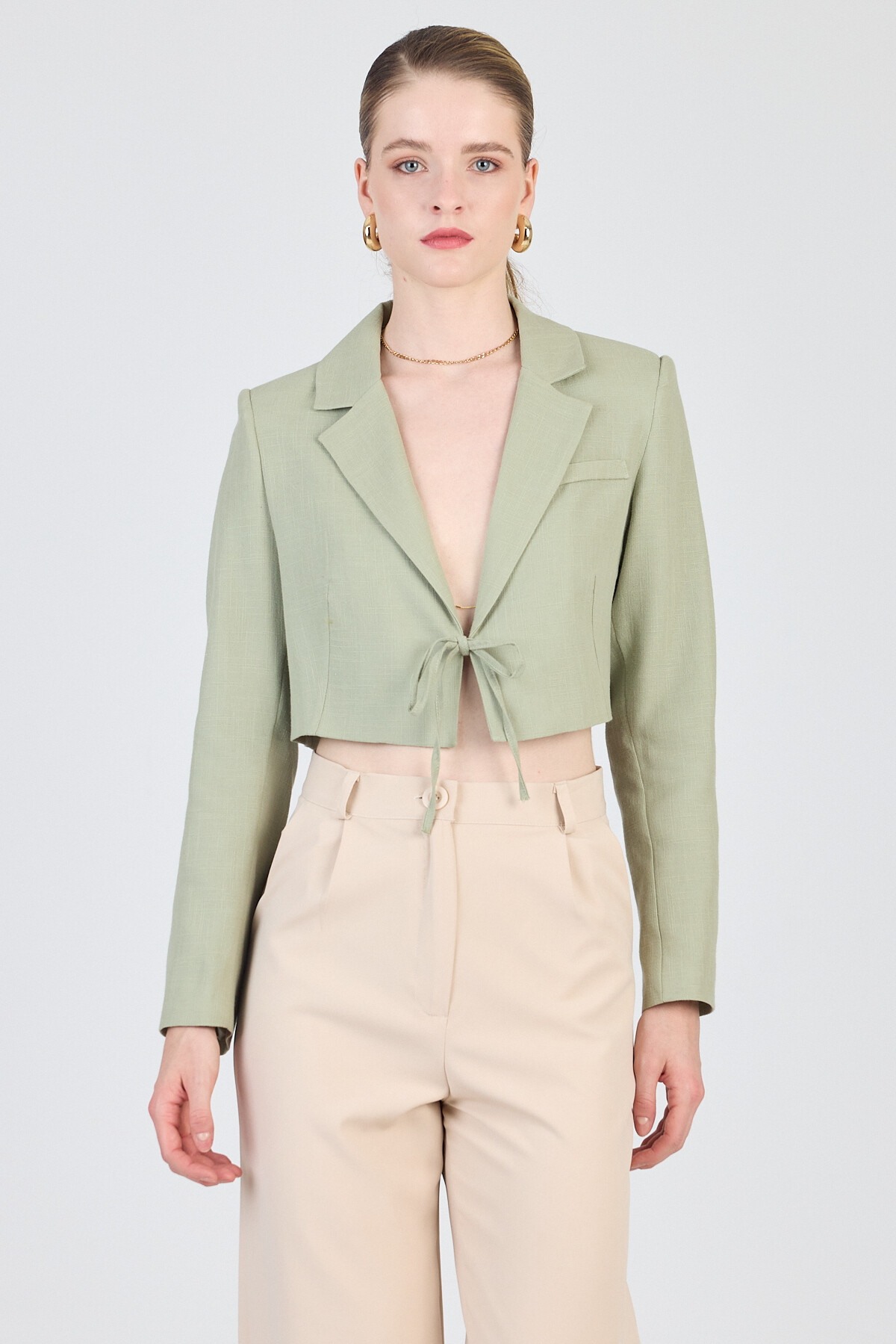 Olive Yeşili Keten Görünümlü %100 Pamuk Bağlama Detaylı Crop Blazer Ceket 7070 - 6