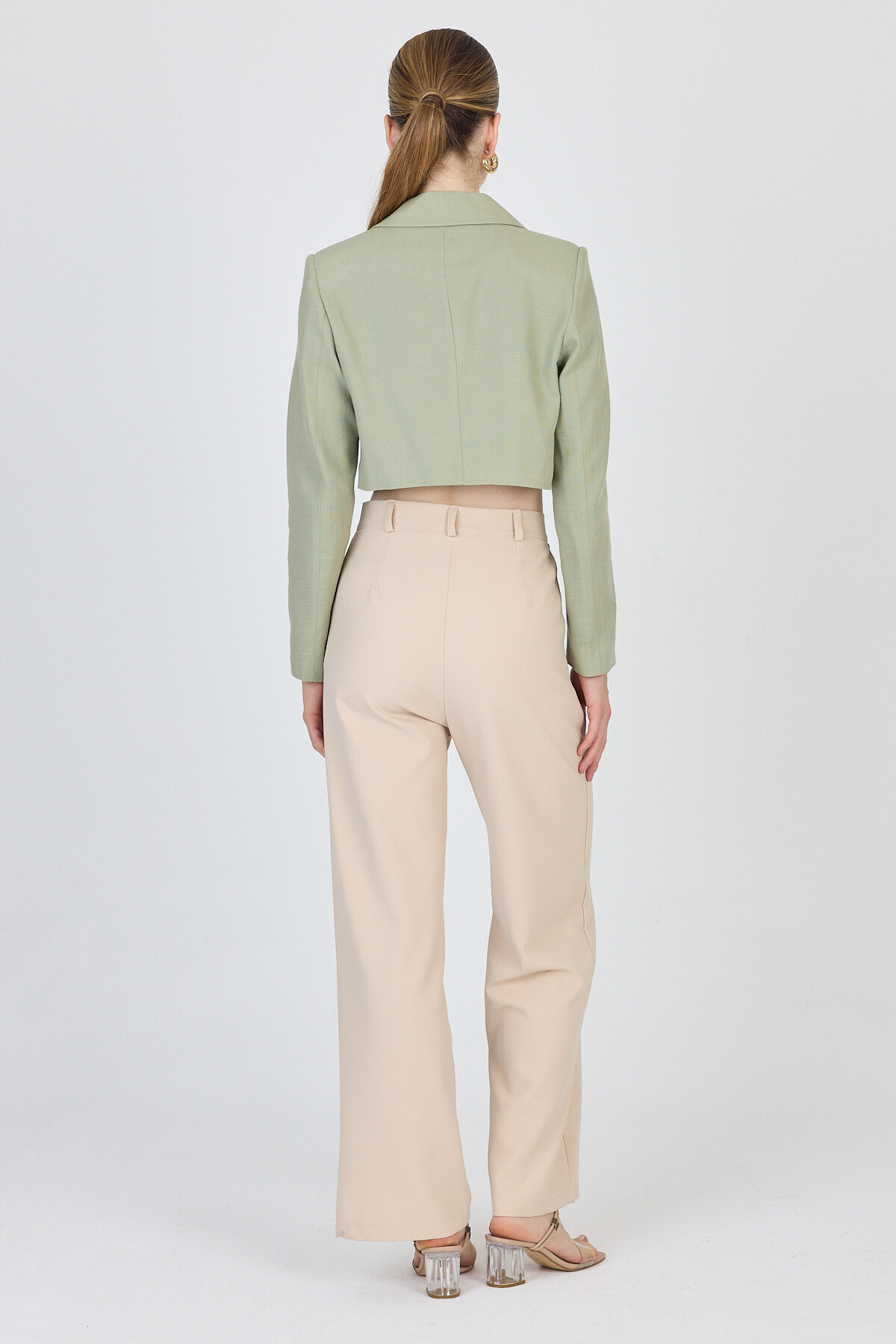 Olive Yeşili Keten Görünümlü %100 Pamuk Bağlama Detaylı Crop Blazer Ceket 7070 - 5