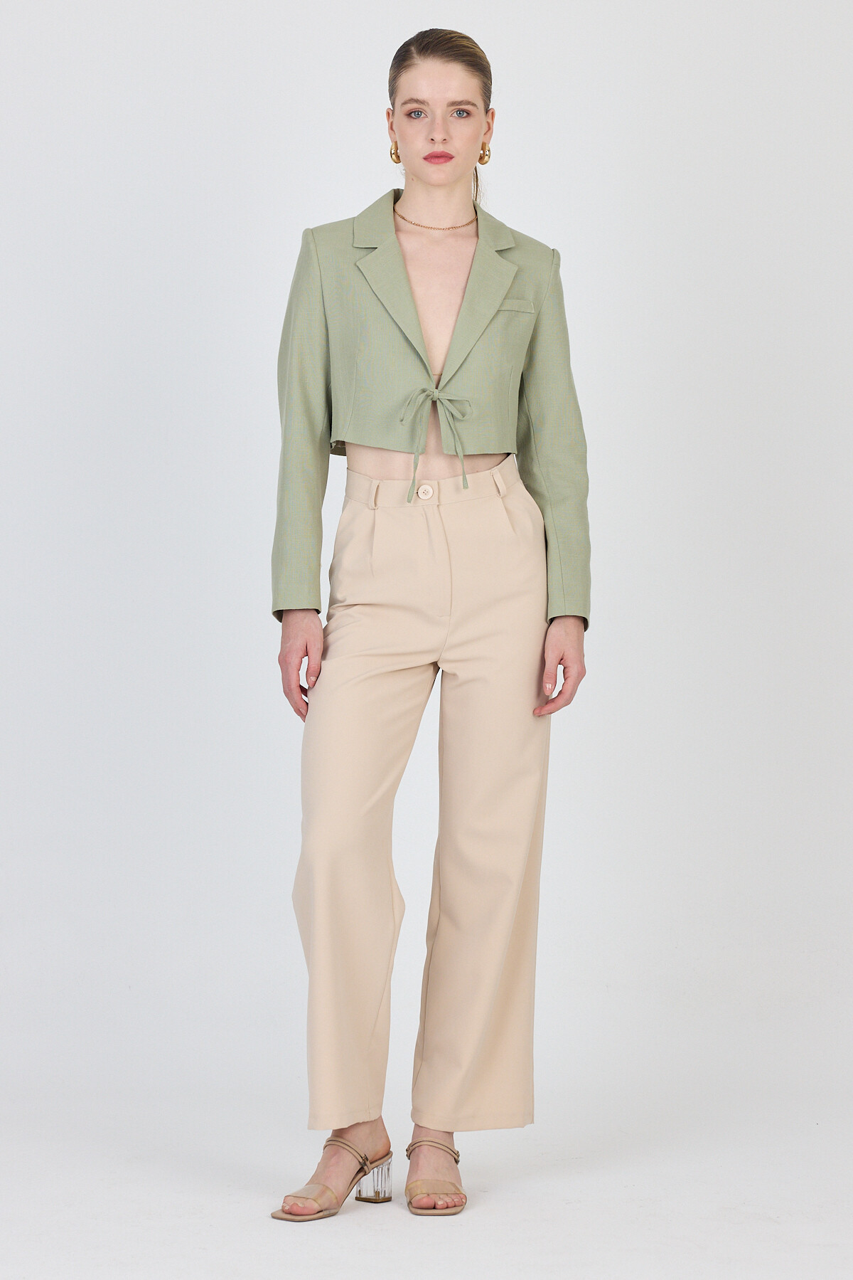 Olive Yeşili Keten Görünümlü %100 Pamuk Bağlama Detaylı Crop Blazer Ceket 7070 - 3