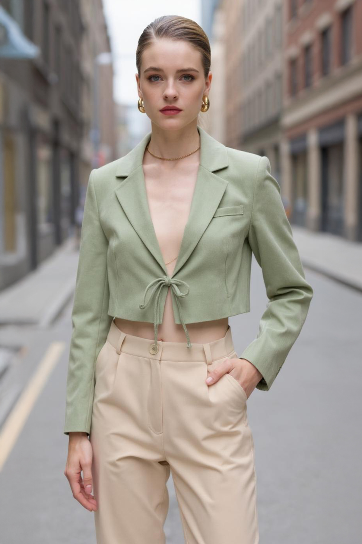 Olive Yeşili Keten Görünümlü %100 Pamuk Bağlama Detaylı Crop Blazer Ceket 7070 