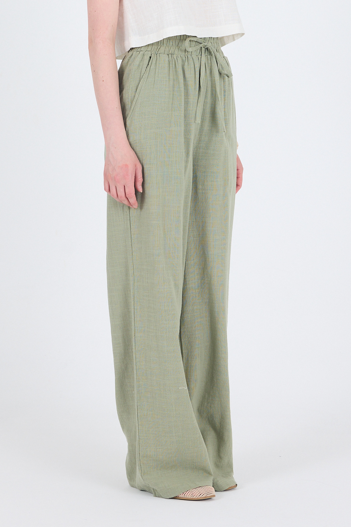 Olive Yeşili Keten Görünümlü %100 Pamuk Bol Paça Pantolon 3040 - 5