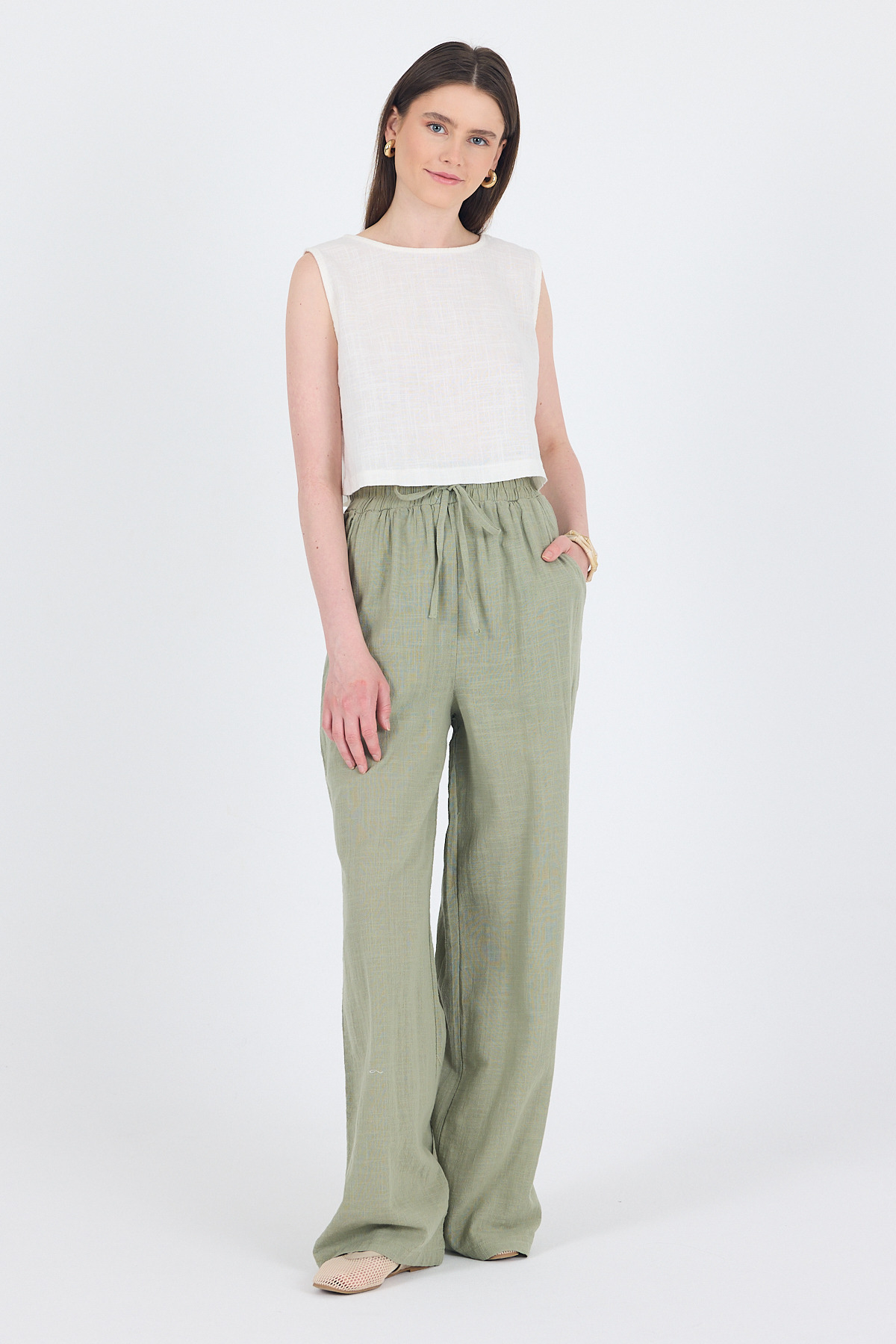 Olive Yeşili Keten Görünümlü %100 Pamuk Bol Paça Pantolon 3040 - 2
