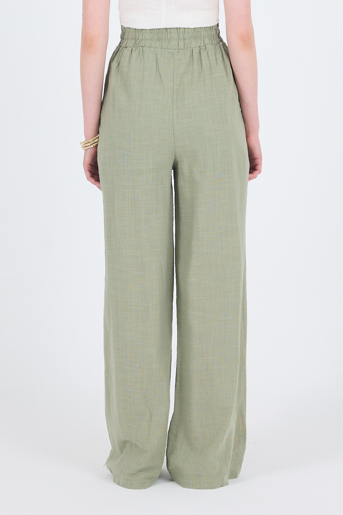 Olive Yeşili Keten Görünümlü %100 Pamuk Bol Paça Pantolon 3040 - 6