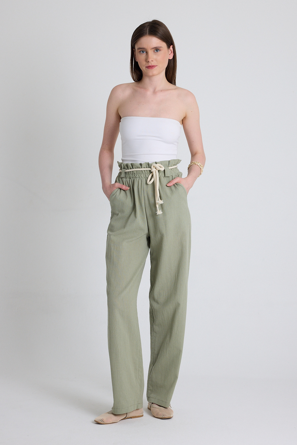Olive Yeşili Keten Görünümlü %100 Pamuk Büzgülü Bel Hasır Kemerli Bol Paça Pantolon 6941 - RAYS