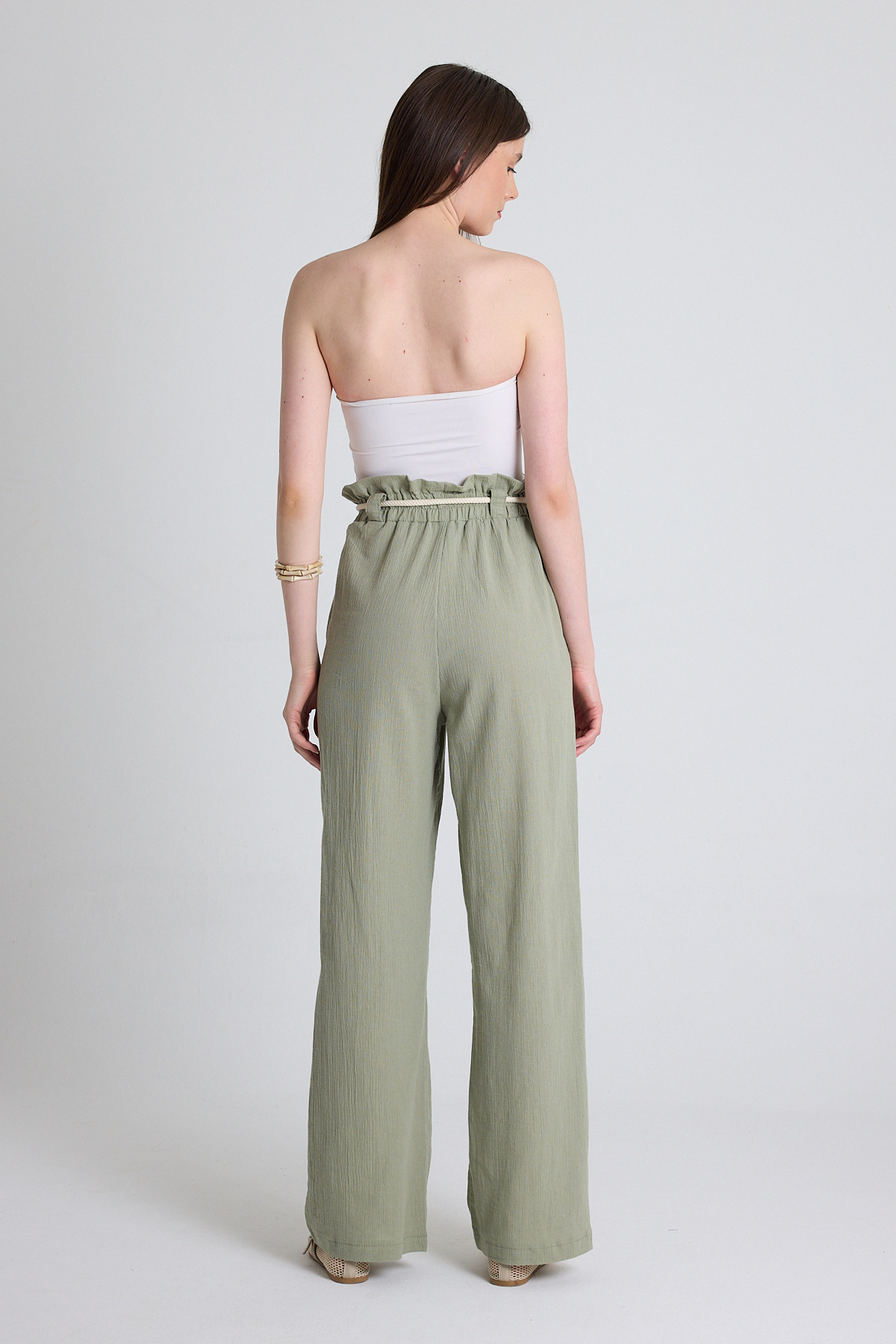 Olive Yeşili Keten Görünümlü %100 Pamuk Büzgülü Bel Hasır Kemerli Bol Paça Pantolon 6941 - 6