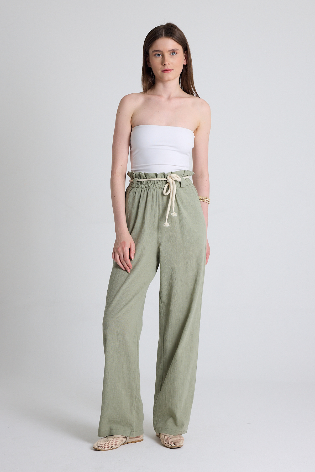 Olive Yeşili Keten Görünümlü %100 Pamuk Büzgülü Bel Hasır Kemerli Bol Paça Pantolon 6941 - RAYS