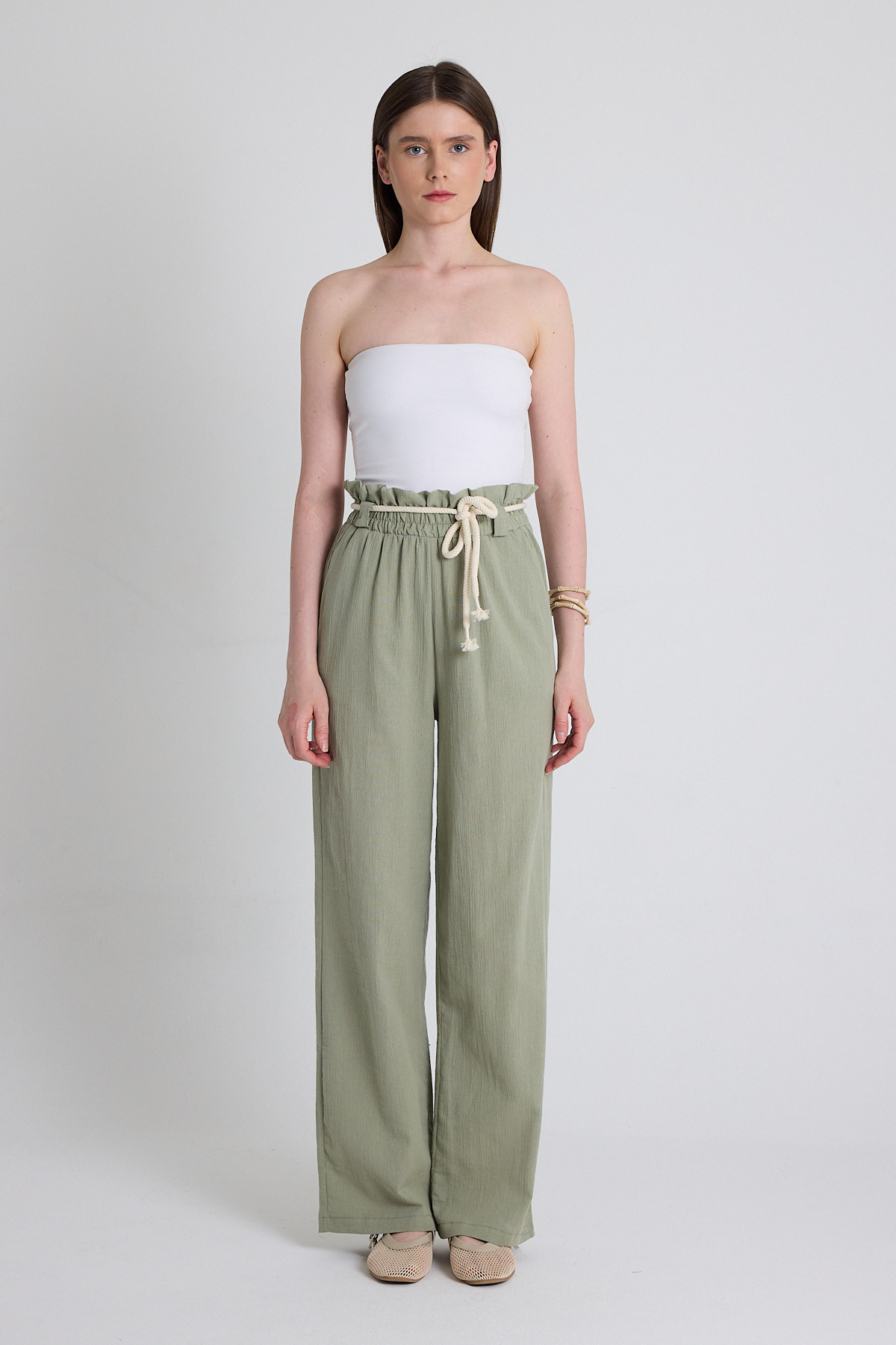 Olive Yeşili Keten Görünümlü %100 Pamuk Büzgülü Bel Hasır Kemerli Bol Paça Pantolon 6941 