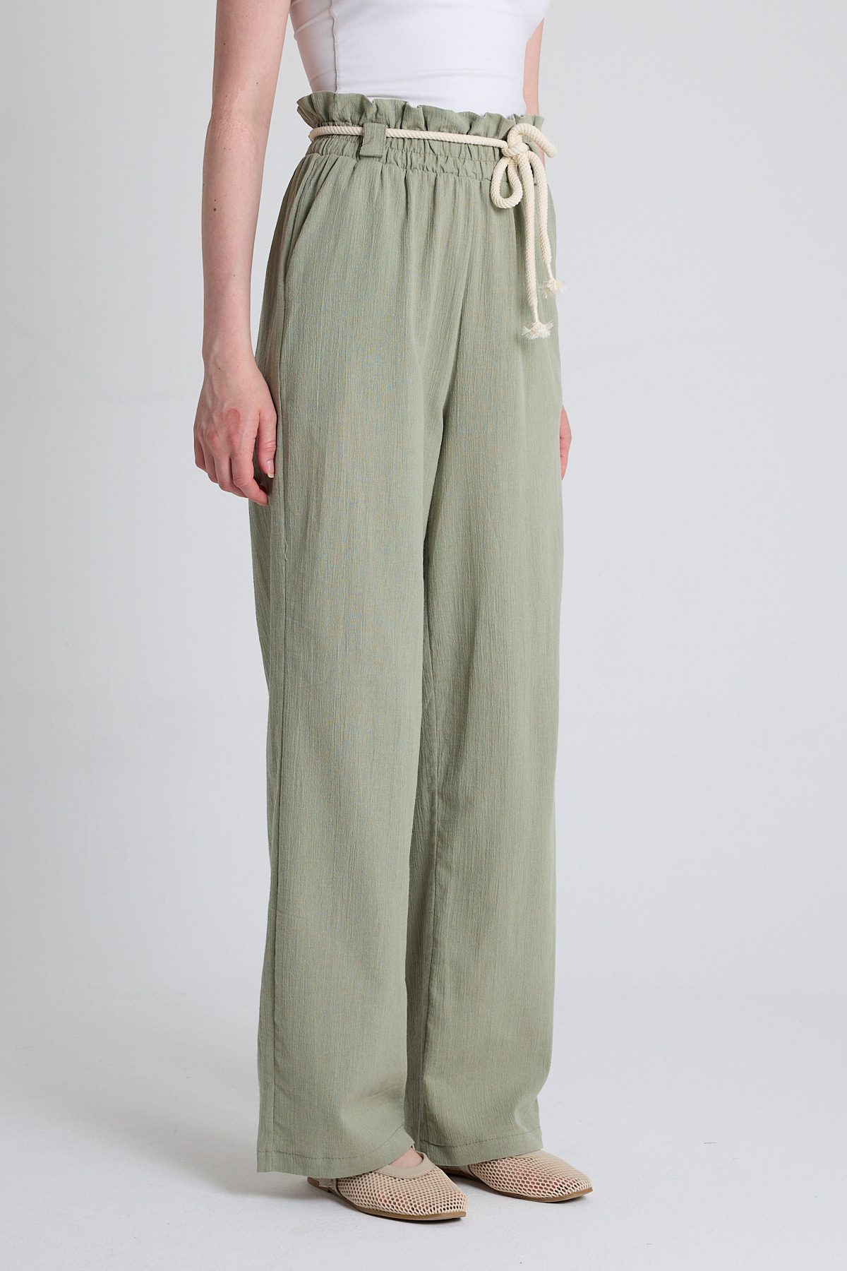 Olive Yeşili Keten Görünümlü %100 Pamuk Büzgülü Bel Hasır Kemerli Bol Paça Pantolon 6941 - 5