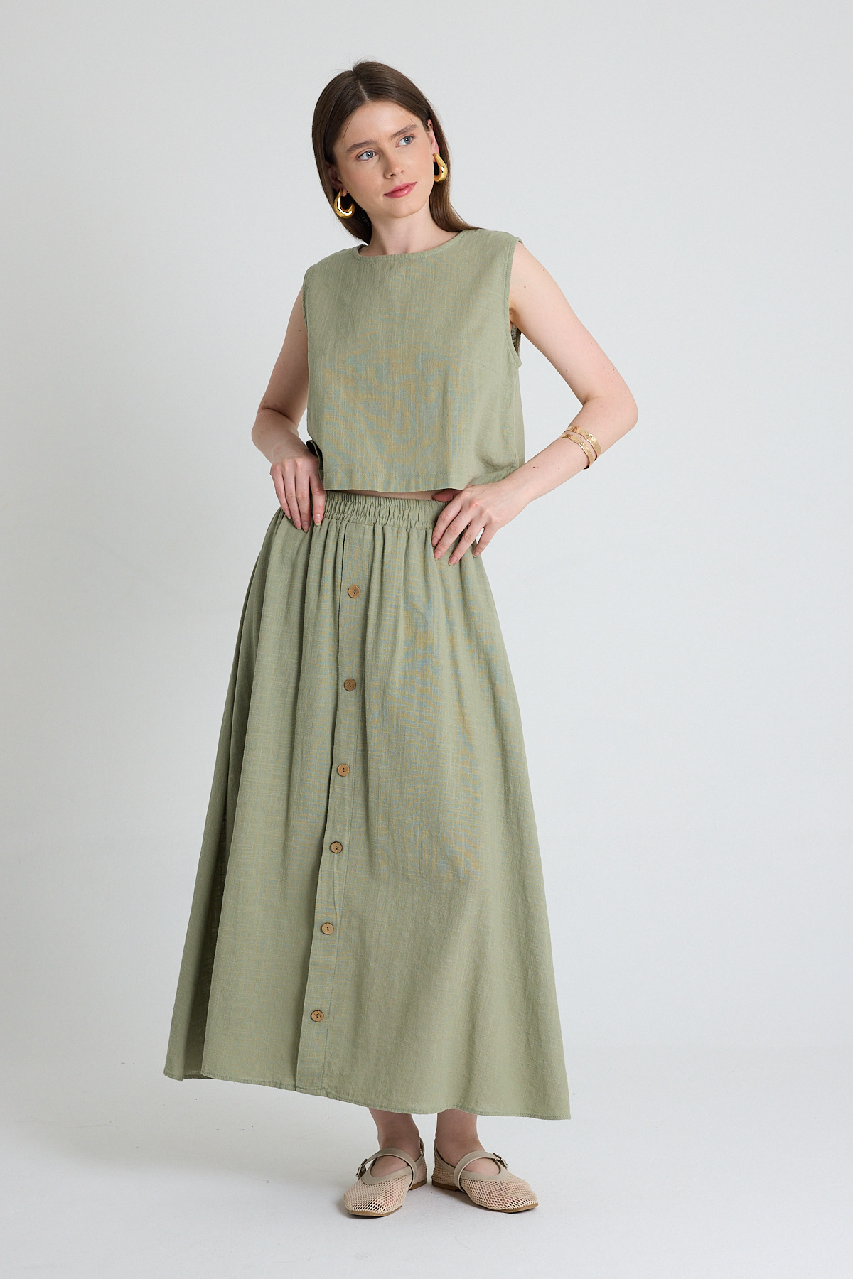 Olive Yeşili Keten Görünümlü %100 Pamuk Düğmeli Midi Etek 3419 - RAYS