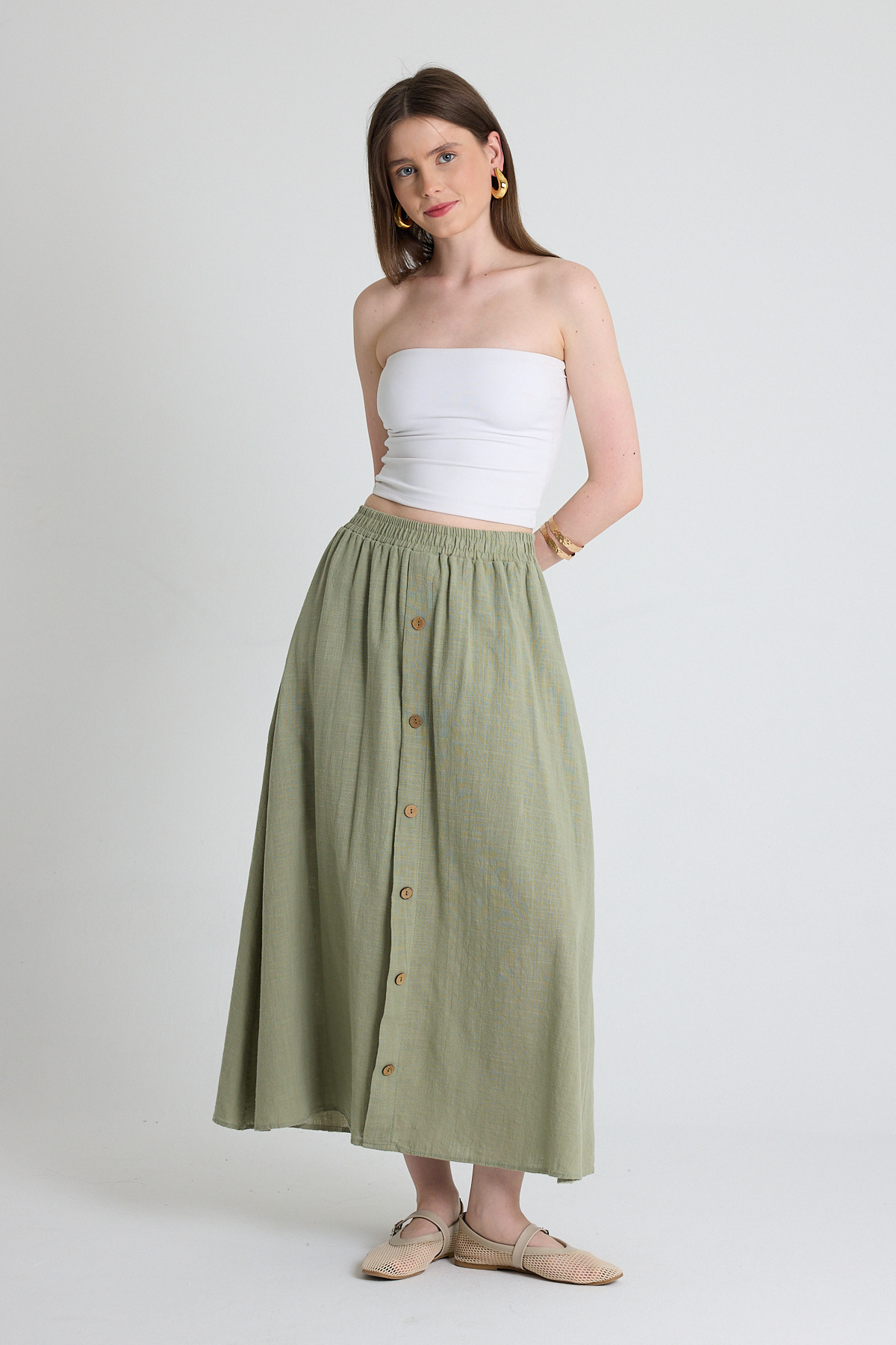 Olive Yeşili Keten Görünümlü %100 Pamuk Düğmeli Midi Etek 3419 - RAYS