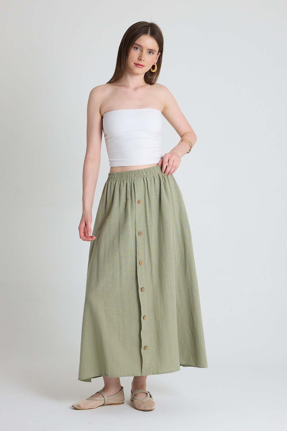 Olive Yeşili Keten Görünümlü %100 Pamuk Düğmeli Midi Etek 3419 
