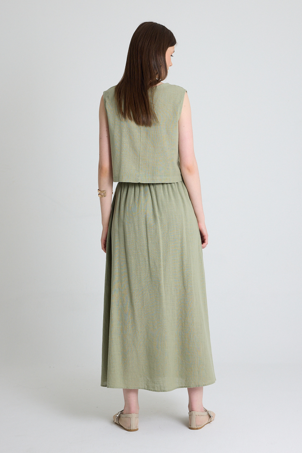Olive Yeşili Keten Görünümlü %100 Pamuk Düğmeli Midi Etek 3419 - 5