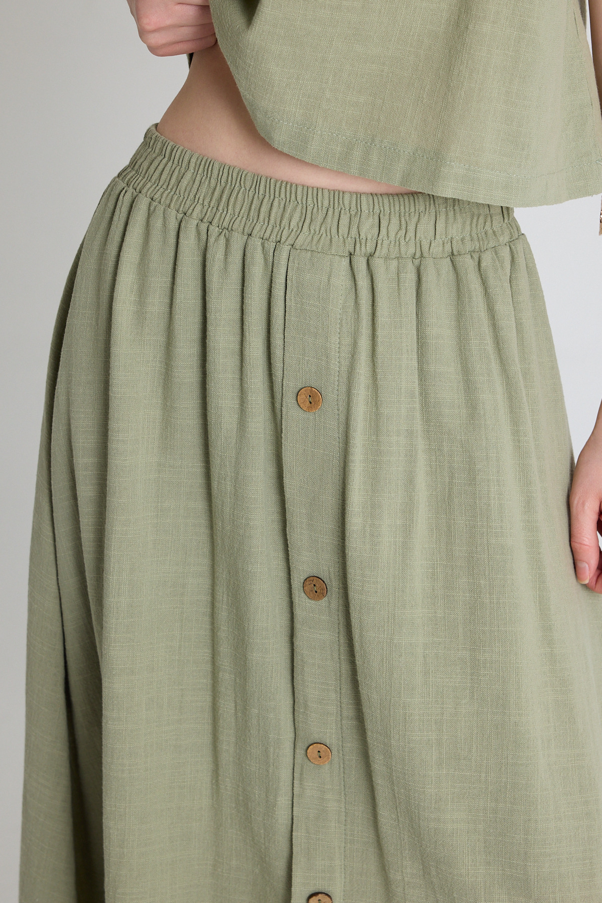 Olive Yeşili Keten Görünümlü %100 Pamuk Düğmeli Midi Etek 3419 - 4
