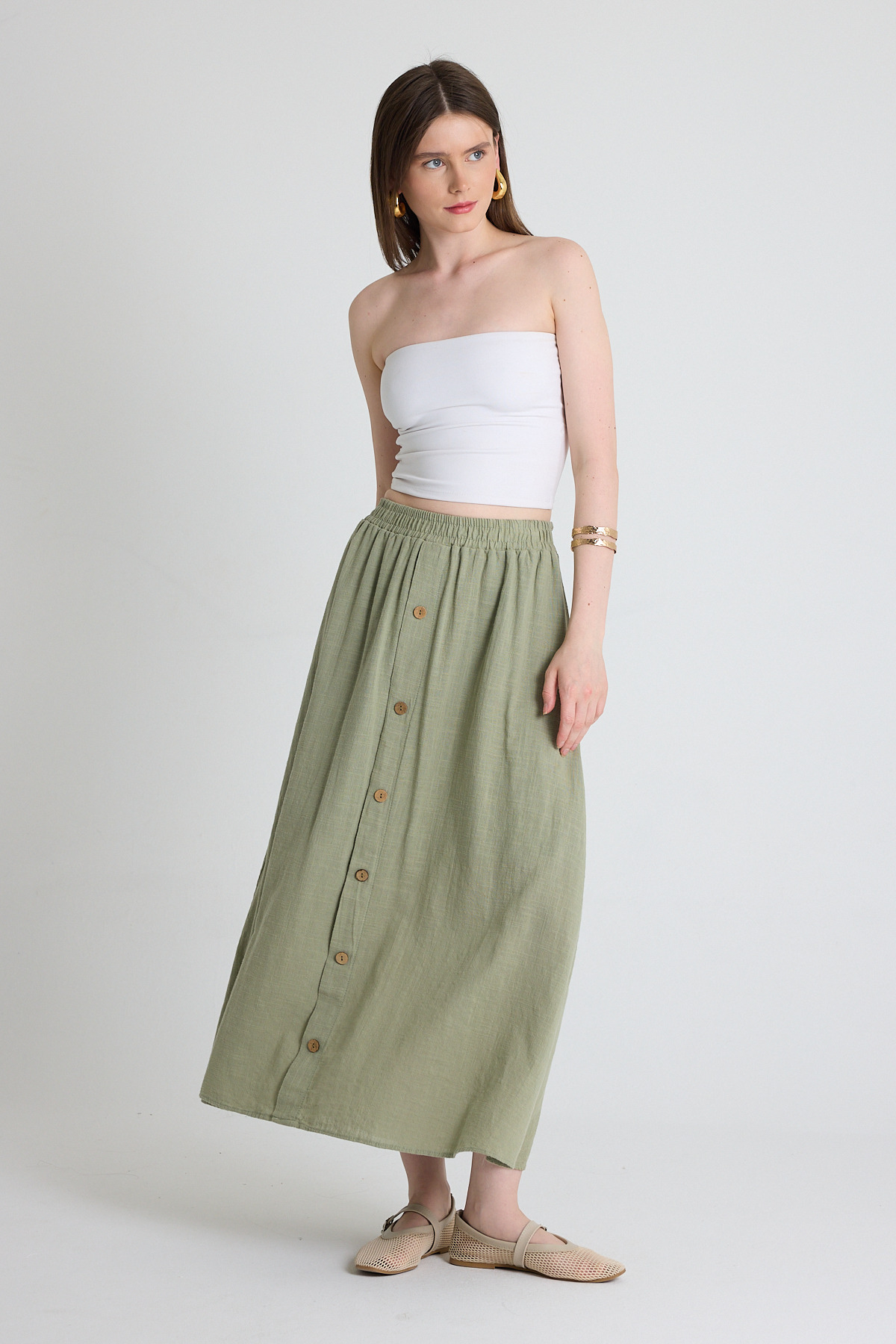 Olive Yeşili Keten Görünümlü %100 Pamuk Düğmeli Midi Etek 3419 - 6
