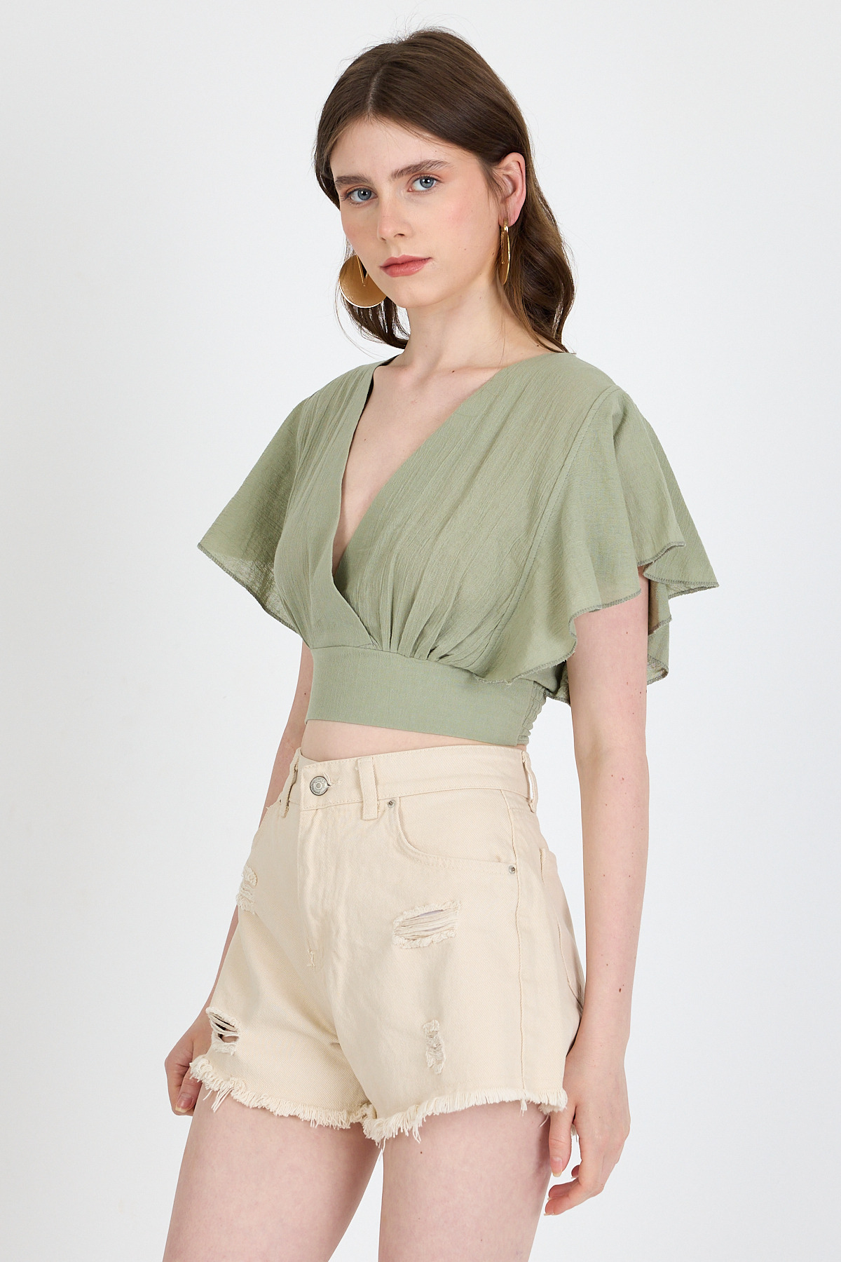 Olive Yeşili Keten Görünümlü %100 Pamuk Fırfır Kol Detaylı Crop Bluz 6942 - RAYS