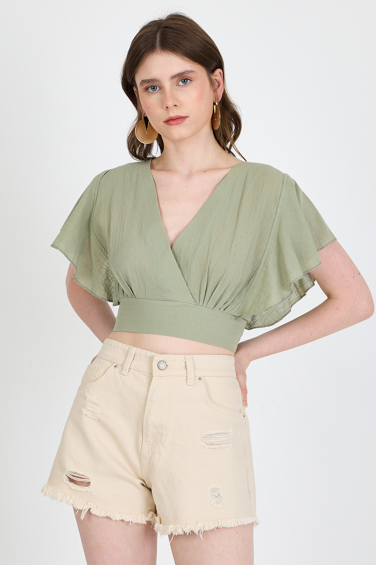 Olive Yeşili Keten Görünümlü %100 Pamuk Fırfır Kol Detaylı Crop Bluz 6942 