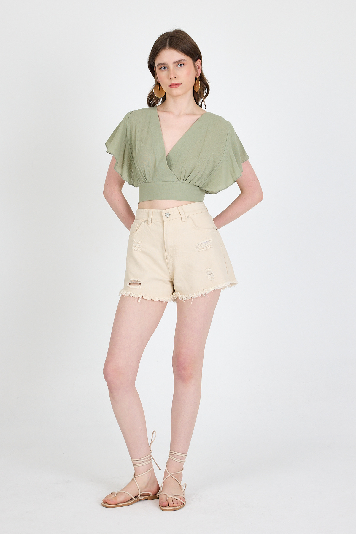 Olive Yeşili Keten Görünümlü %100 Pamuk Fırfır Kol Detaylı Crop Bluz 6942 - 3