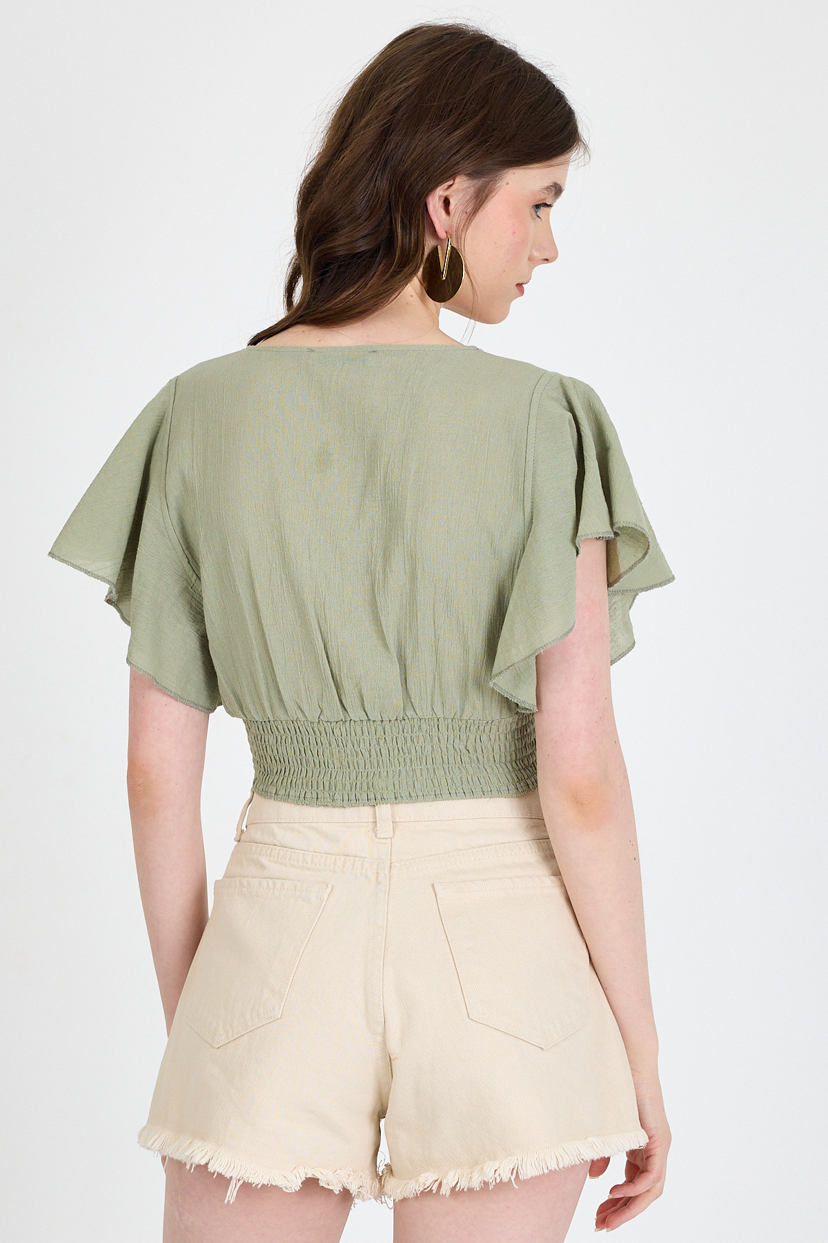 Olive Yeşili Keten Görünümlü %100 Pamuk Fırfır Kol Detaylı Crop Bluz 6942 - 5