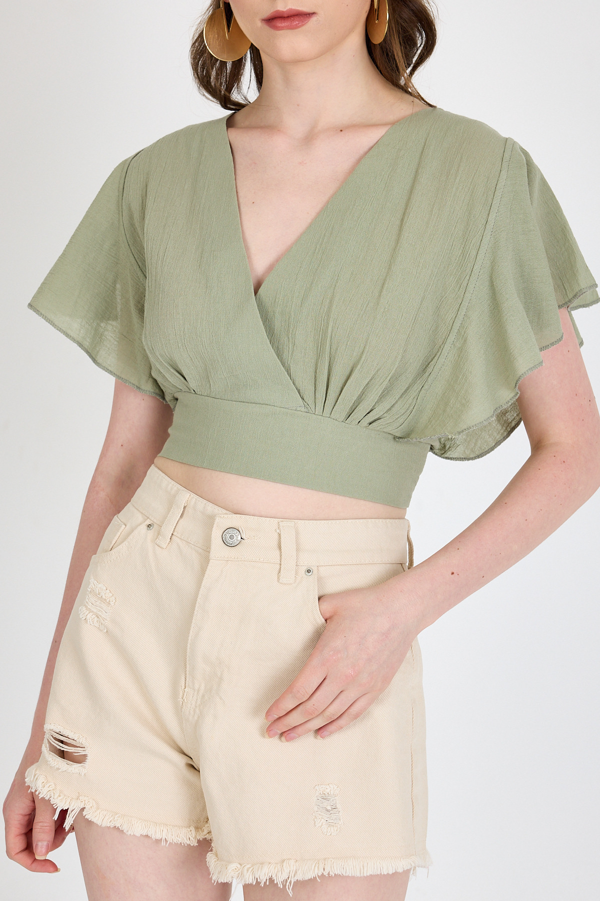 Olive Yeşili Keten Görünümlü %100 Pamuk Fırfır Kol Detaylı Crop Bluz 6942 - 6