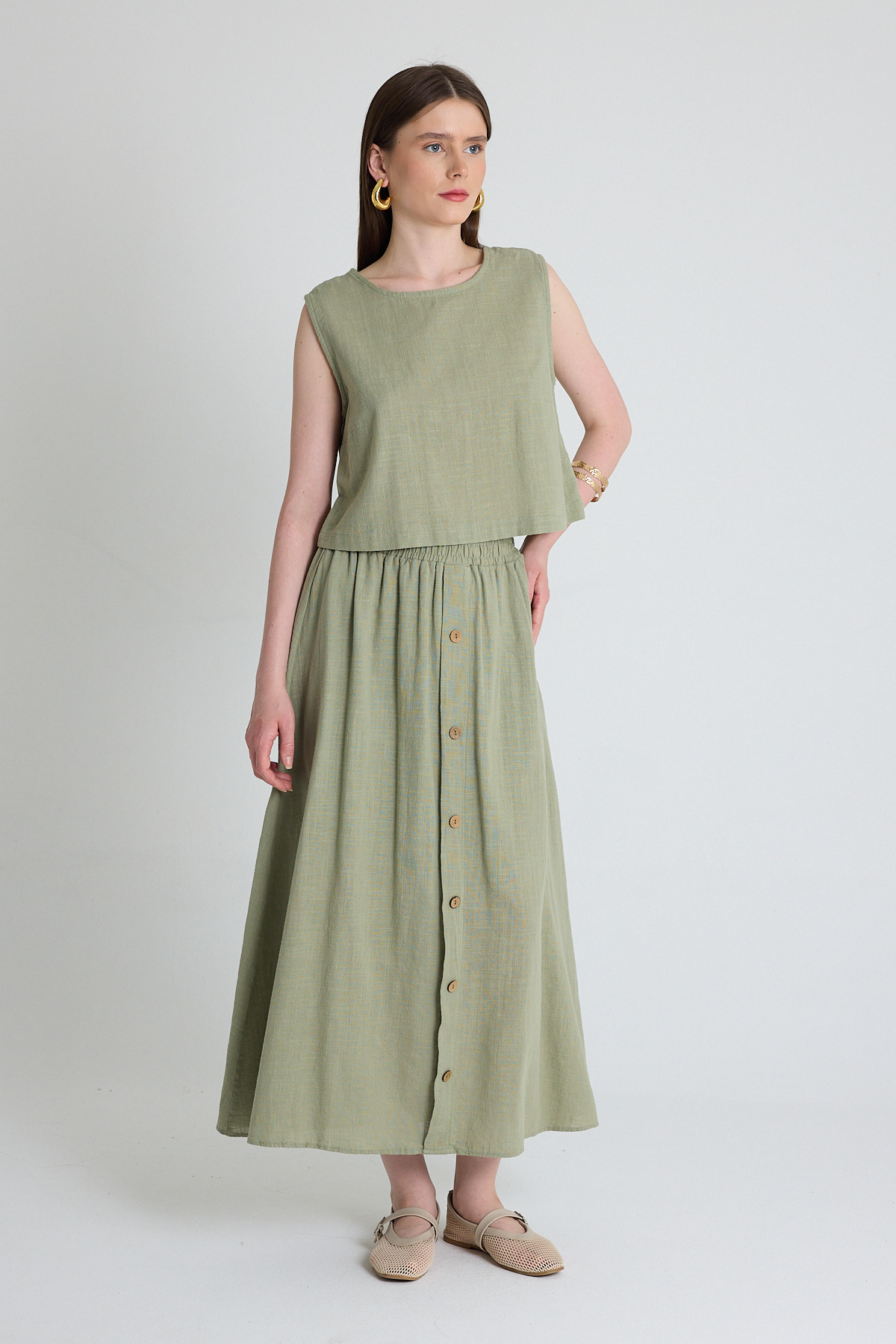 Olive Yeşili Keten Görünümlü %100 Pamuk Kolsuz Crop Bluz 3419-1 - 3