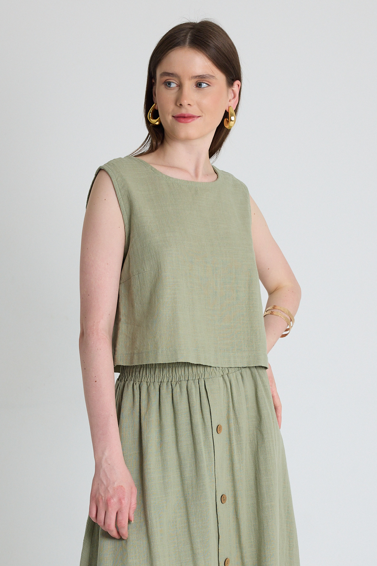 Olive Yeşili Keten Görünümlü %100 Pamuk Kolsuz Crop Bluz 3419-1 - 6