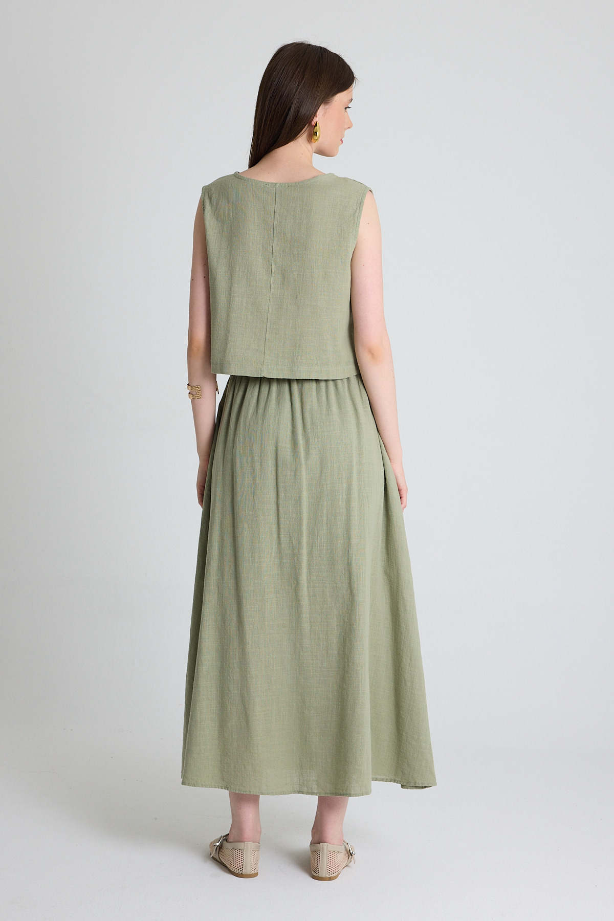 Olive Yeşili Keten Görünümlü %100 Pamuk Kolsuz Crop Bluz 3419-1 - 5