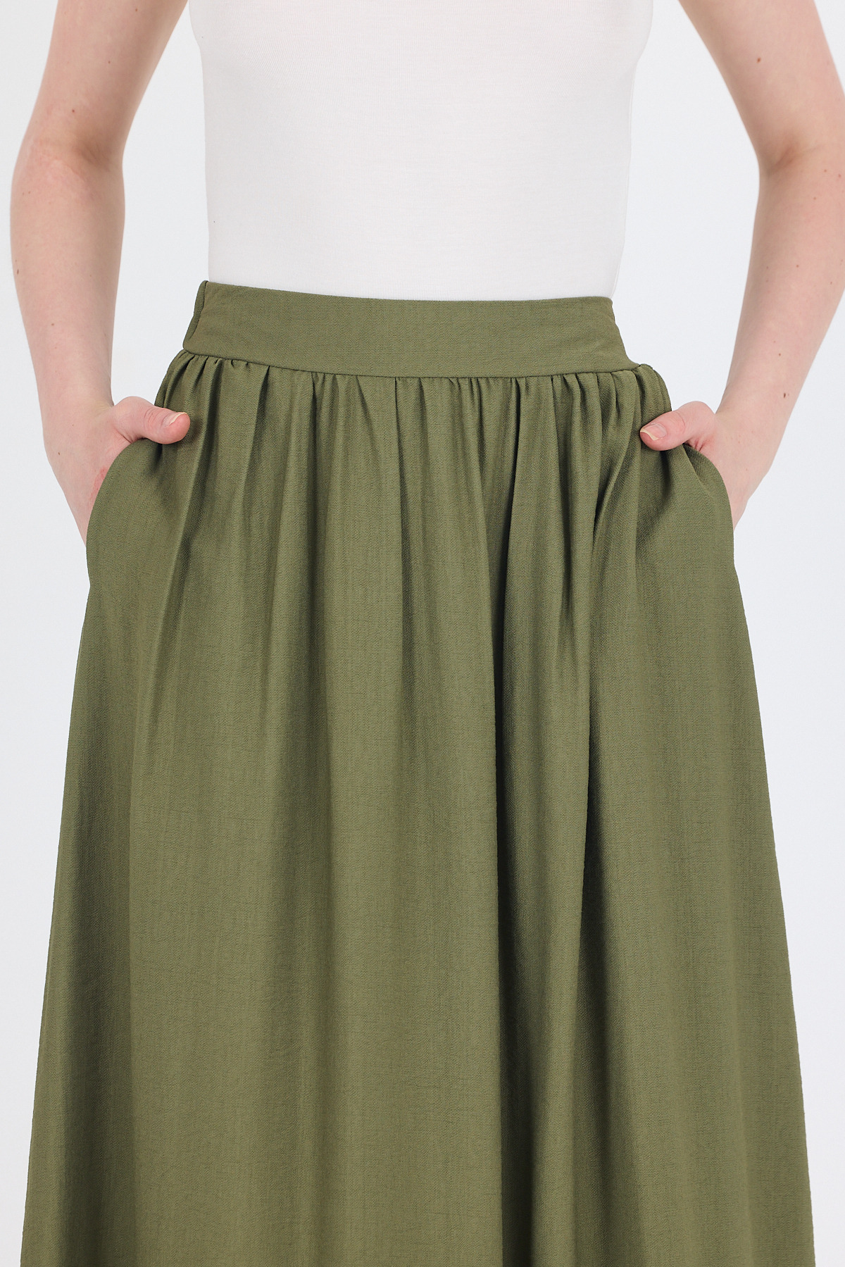 Olive Yeşili Keten Görünümlü Cep Detaylı Midi Etek 2344 - RAYS