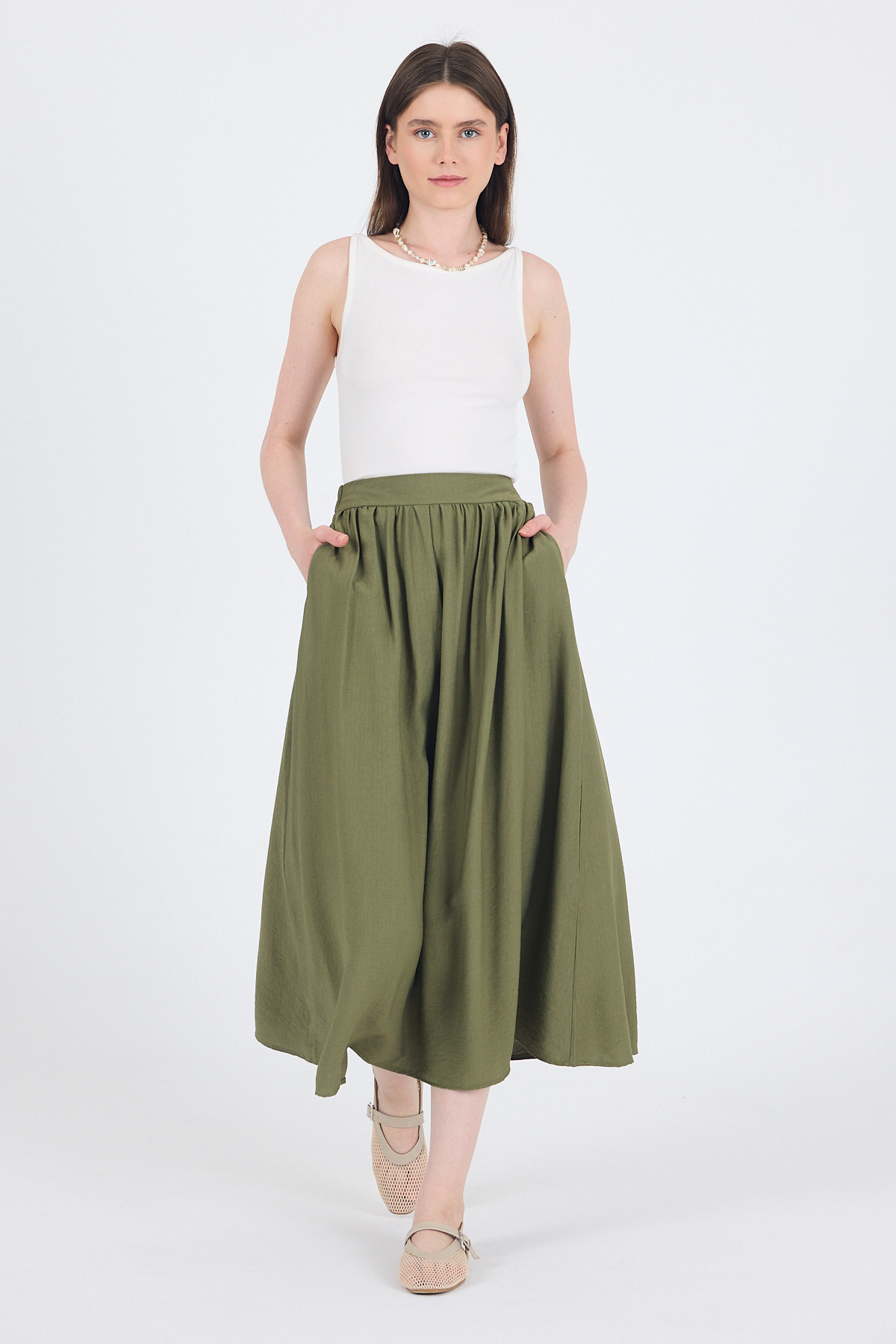 Olive Yeşili Keten Görünümlü Cep Detaylı Midi Etek 2344 - 2