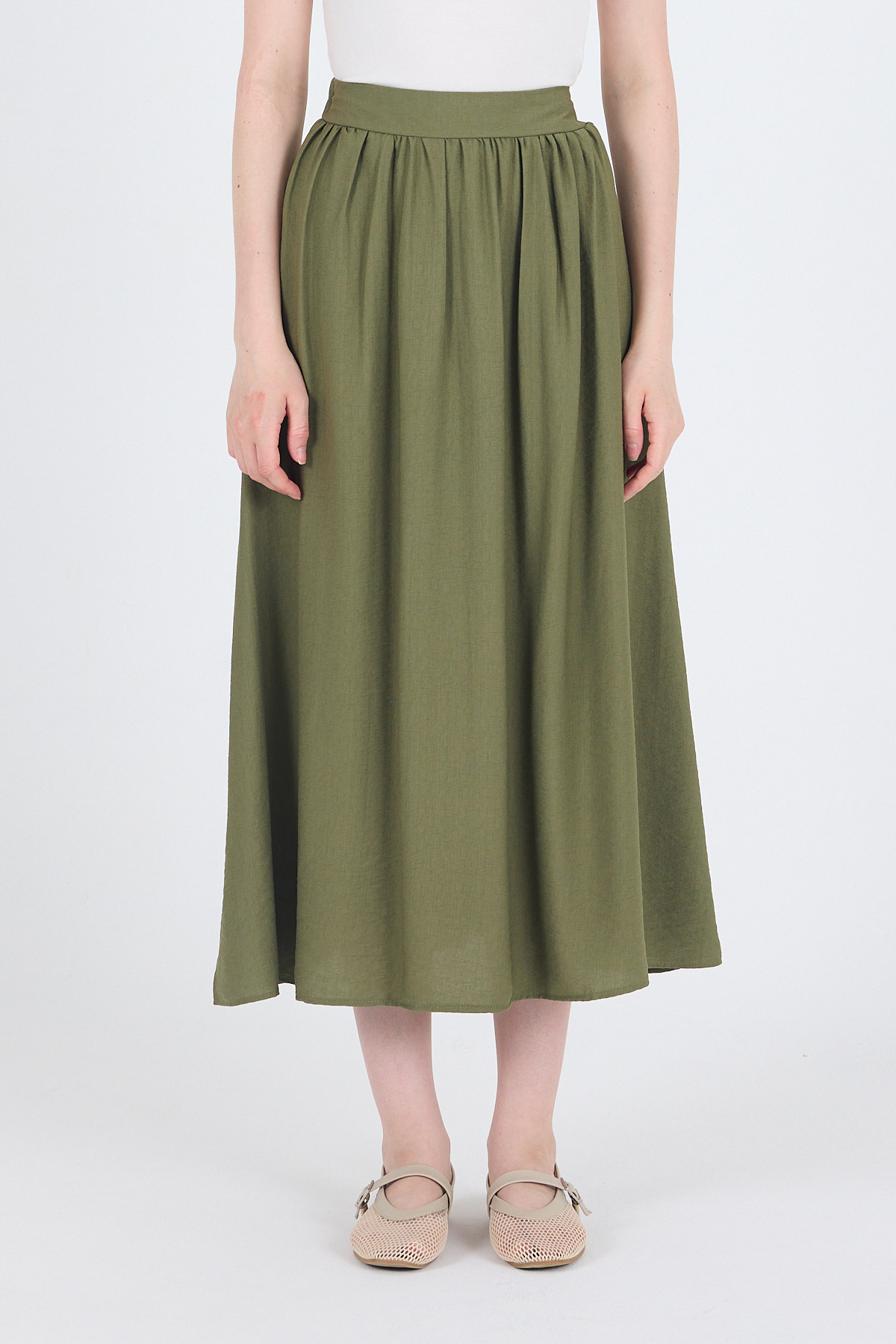 Olive Yeşili Keten Görünümlü Cep Detaylı Midi Etek 2344 - 5