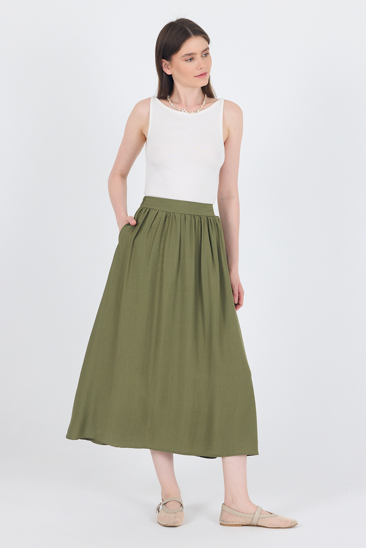 Olive Yeşili Keten Görünümlü Cep Detaylı Midi Etek 2344 
