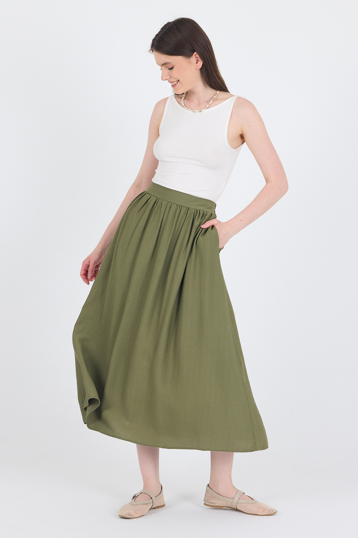 Olive Yeşili Keten Görünümlü Cep Detaylı Midi Etek 2344 - 3