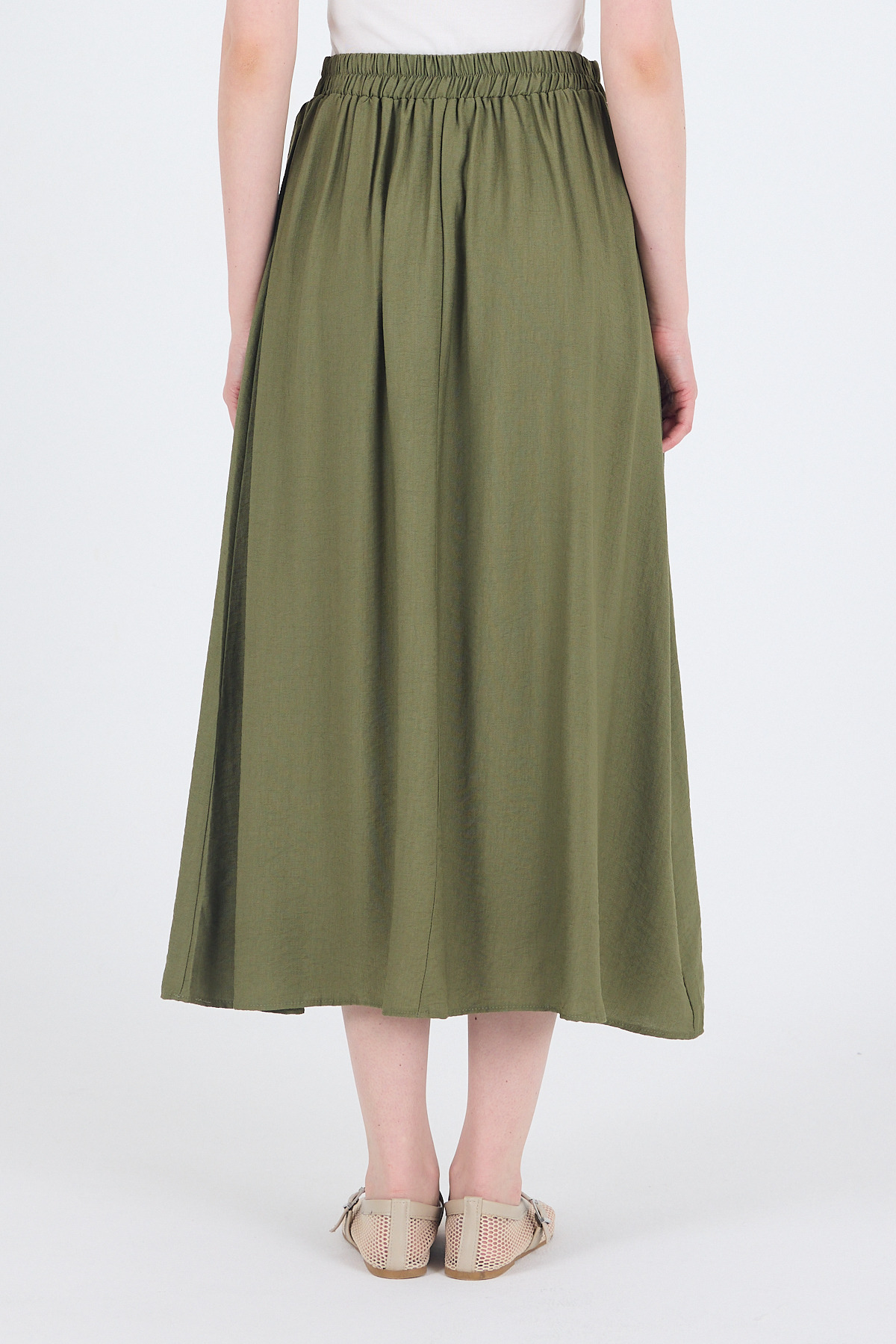 Olive Yeşili Keten Görünümlü Cep Detaylı Midi Etek 2344 - 6