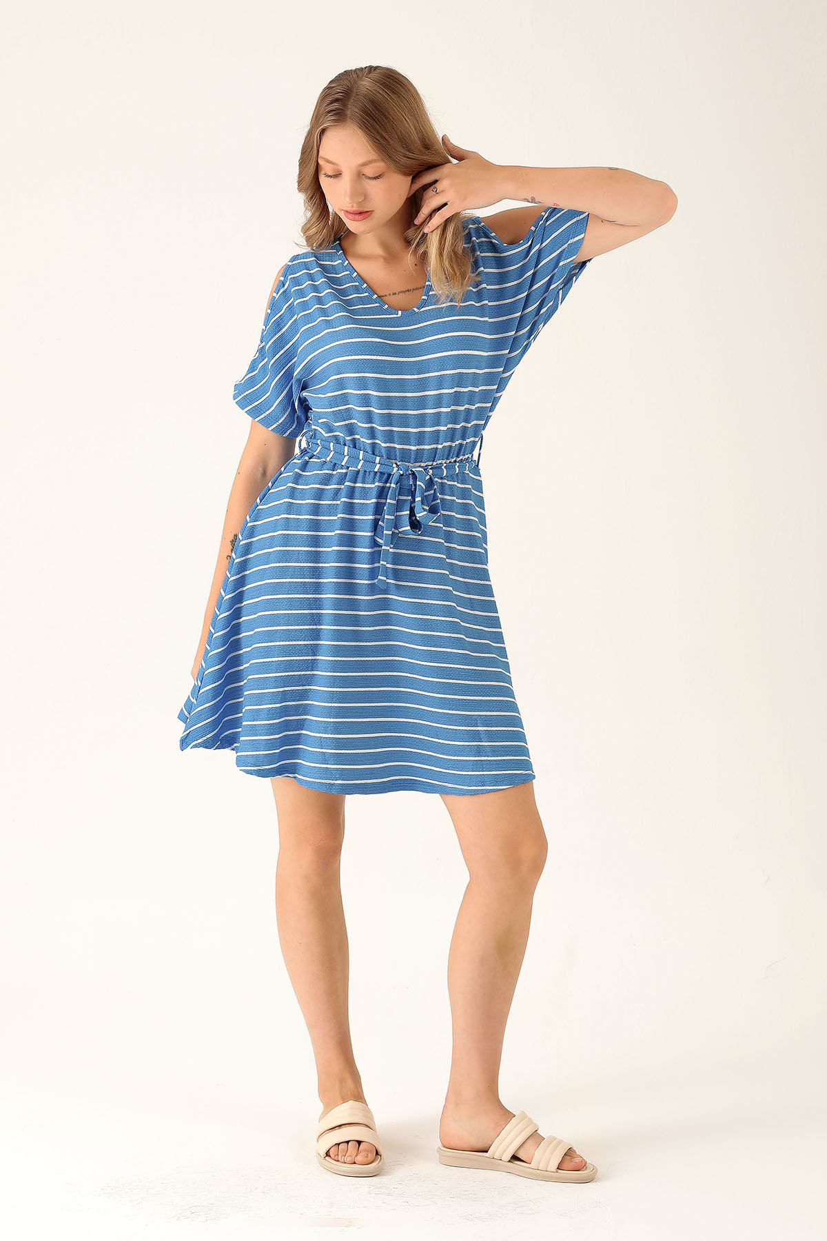 Omuz Dekolte Detay Elbise - 10613 Mavi - 3