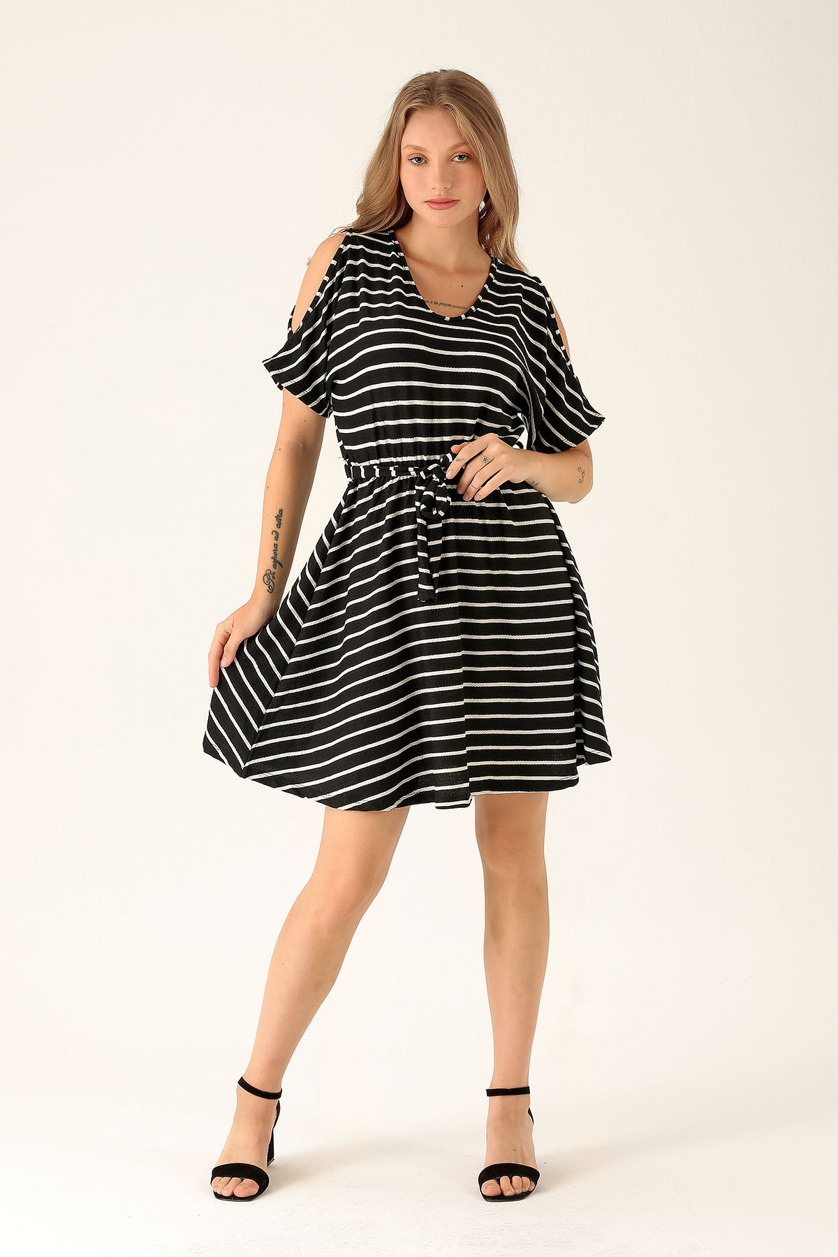 Omuz Dekolte Detay Elbise - 10613 Siyah 