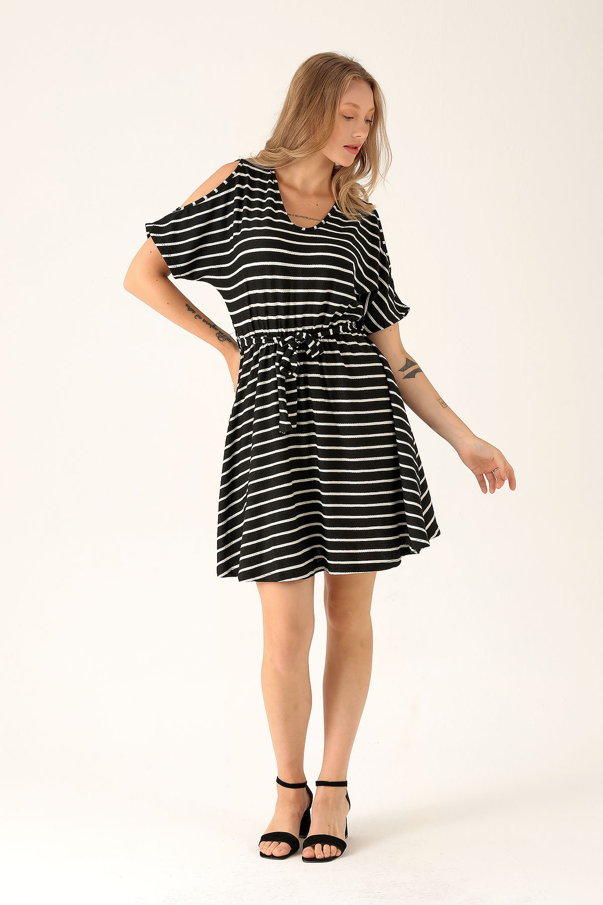 Omuz Dekolte Detay Elbise - 10613 Siyah - 2