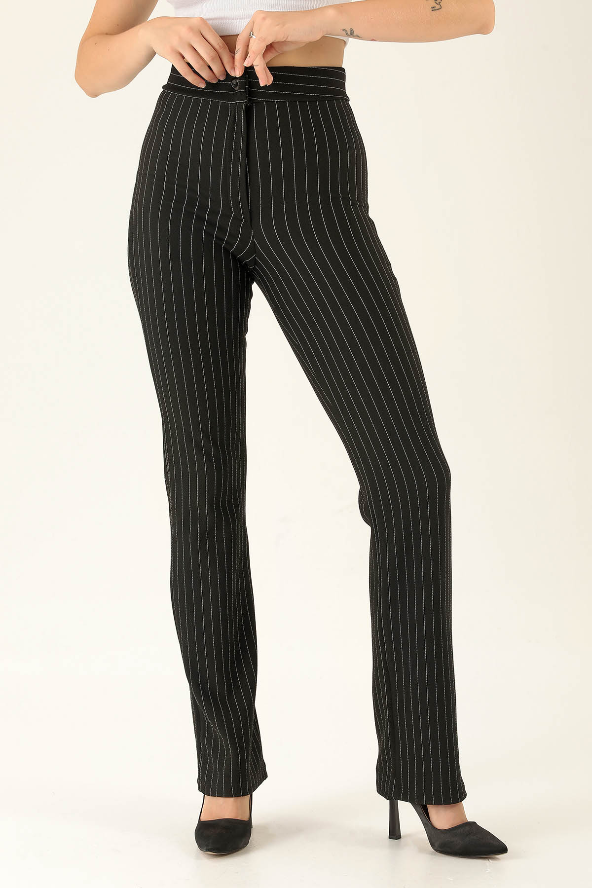 Ön Cima Detaylı Bayan Pantolon - 1240 Çizgili-Siyah - 3