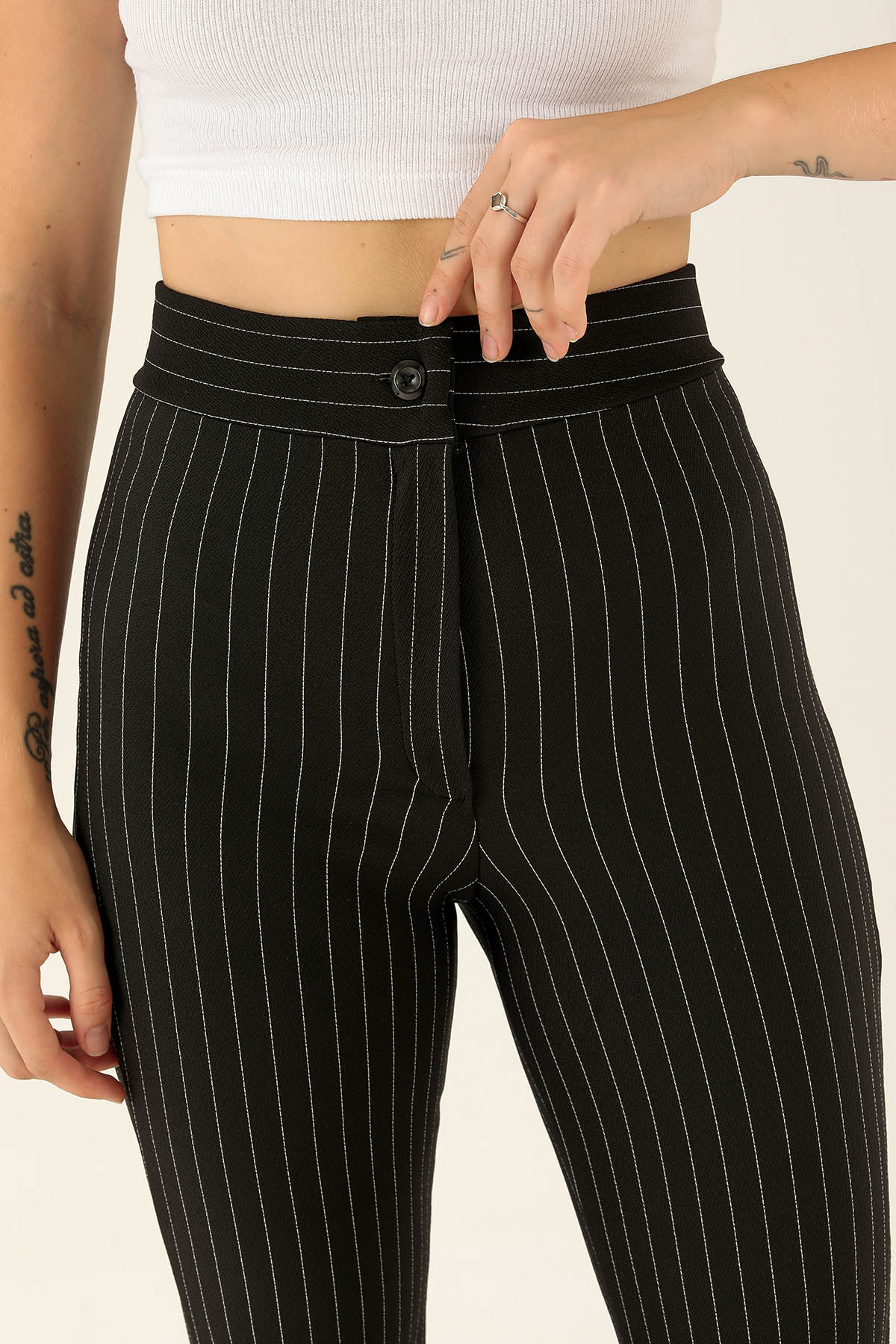 Ön Cima Detaylı Bayan Pantolon - 1240 Çizgili-Siyah - 6