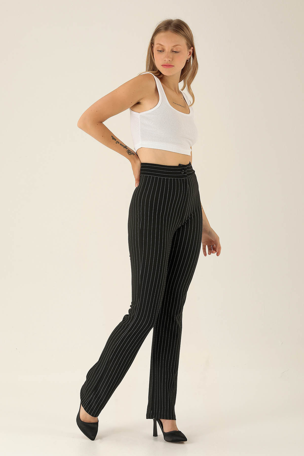 Ön Cima Detaylı Bayan Pantolon - 1240 Çizgili-Siyah - 2