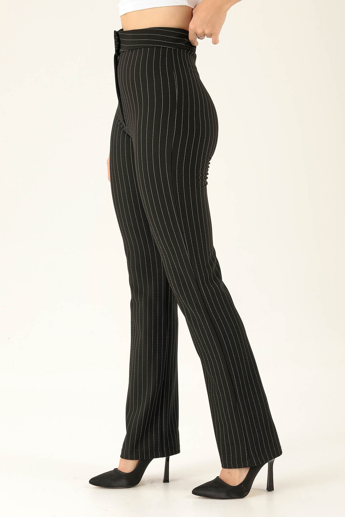 Ön Cima Detaylı Bayan Pantolon - 1240 Çizgili-Siyah - 4