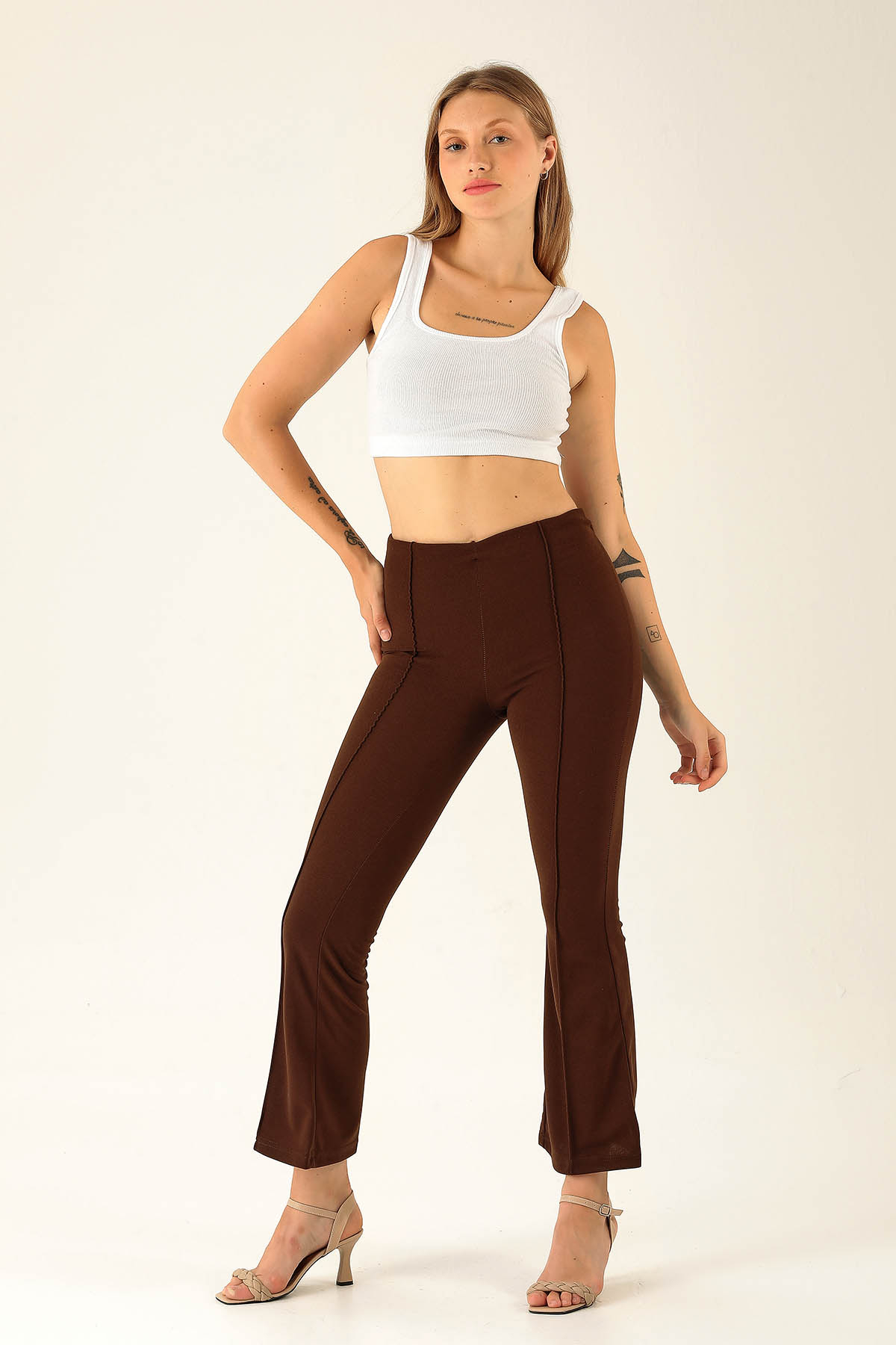 Ön Çima Detaylı İspanyol Bayan Pantolon - 2118 Acı Kahve 