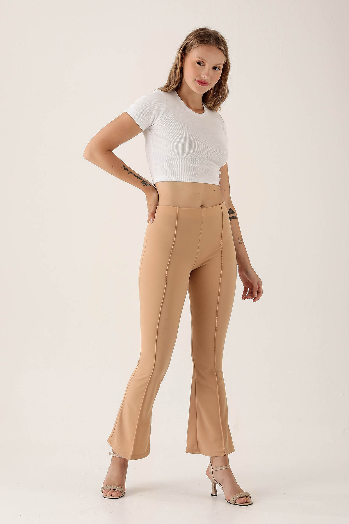 Ön Çima Detaylı İspanyol Bayan Pantolon - 2118 Bej - 2