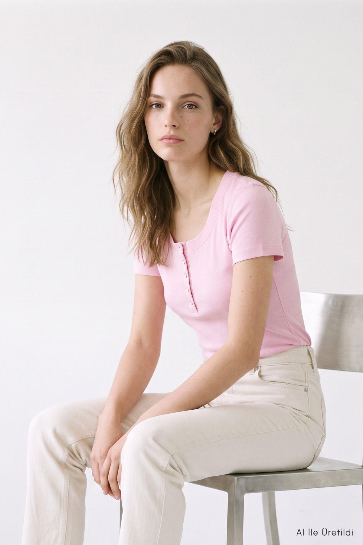 Ön Düğme Detay Tişört 8590A Pembe - 3