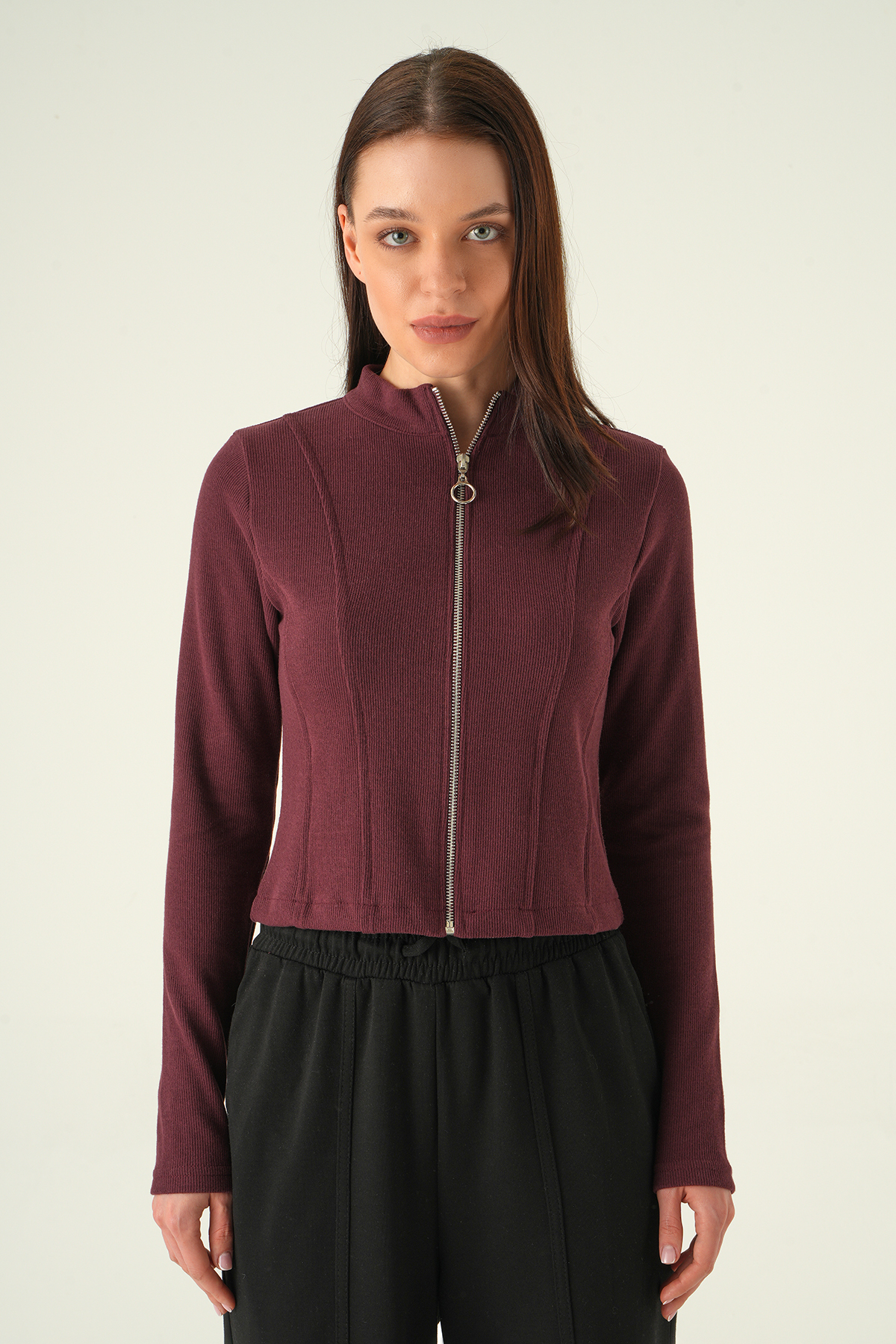 Ön Fermuarlı Kısa Hırka Mürdüm 3080A - RAYS (1)